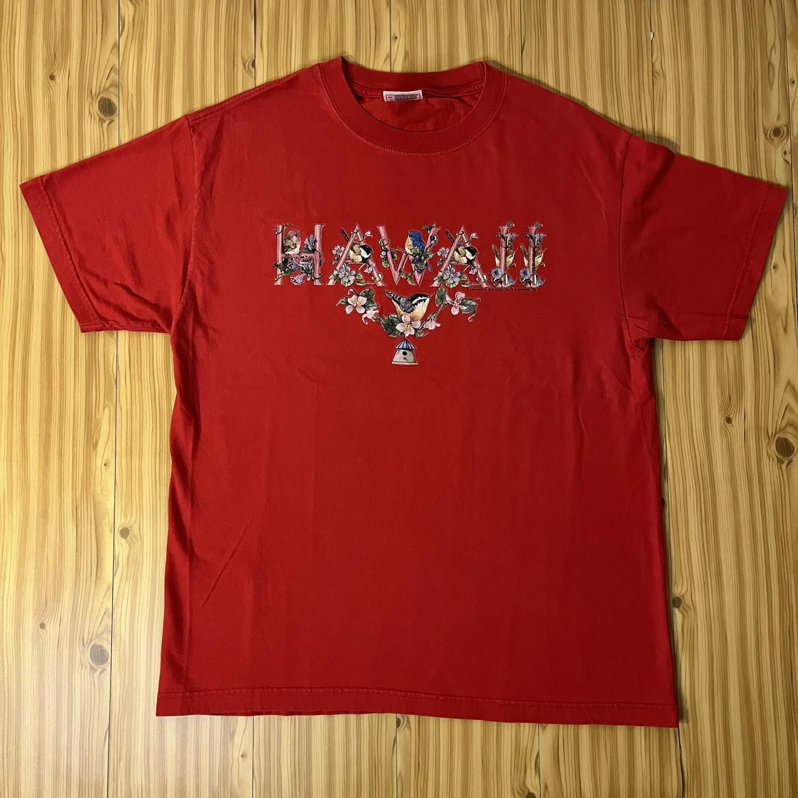 Designer Vintage 2000s Hawaii Floral Birds Red Graphic Tee Size L / US 10 / IT 46 - 1 Thumbnail