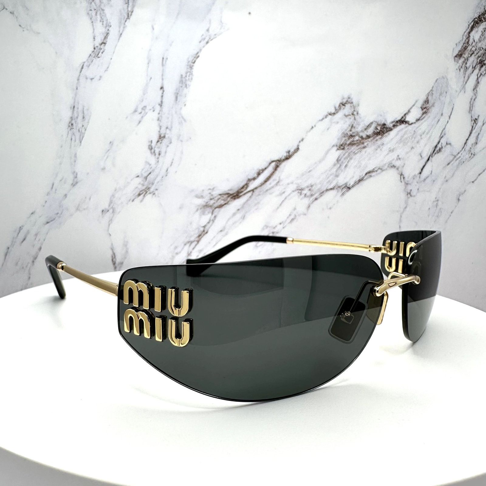 Miu Miu New MIU MIU Sunglasses Gold Dark Gray Lens Runway Wrap Size ONE SIZE - 16 Thumbnail