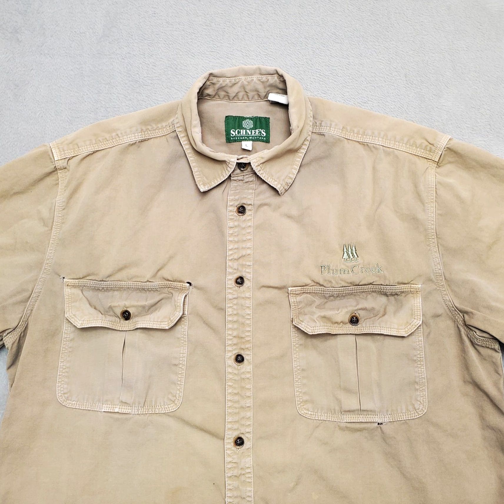 Vintage Schnees Shirt Mens L Khaki Canvas Outdoor Casual Cut Sleeves Distressed Work Button-Up Cotton Canvas Size US L / EU 52-54 / 3 - 3 Thumbnail