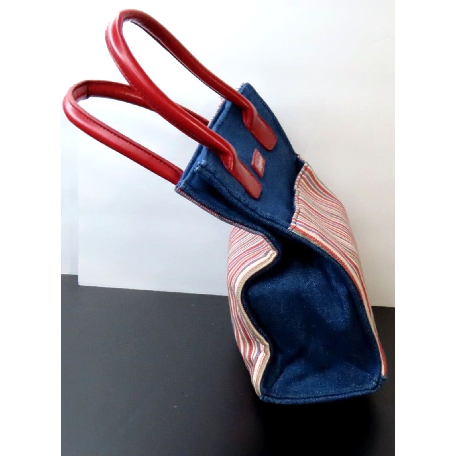 Vintage Longaberger Mini Tote Canvas Denim Red White Blue Striped Tote Bag Women Small Blue 9x7x4 Varsity Striped Red White Blue Men? Size ONE SIZE - 4 Thumbnail