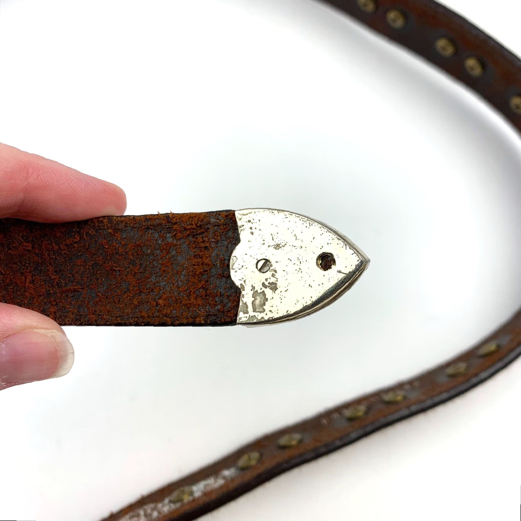 Vintage Nocona Belt Studded Floral Brown Leather 42 Men P910-0475 2.5in (47.5in) Gold Tone Concho Accent 1.25in Wide Size 42 - 6 Thumbnail