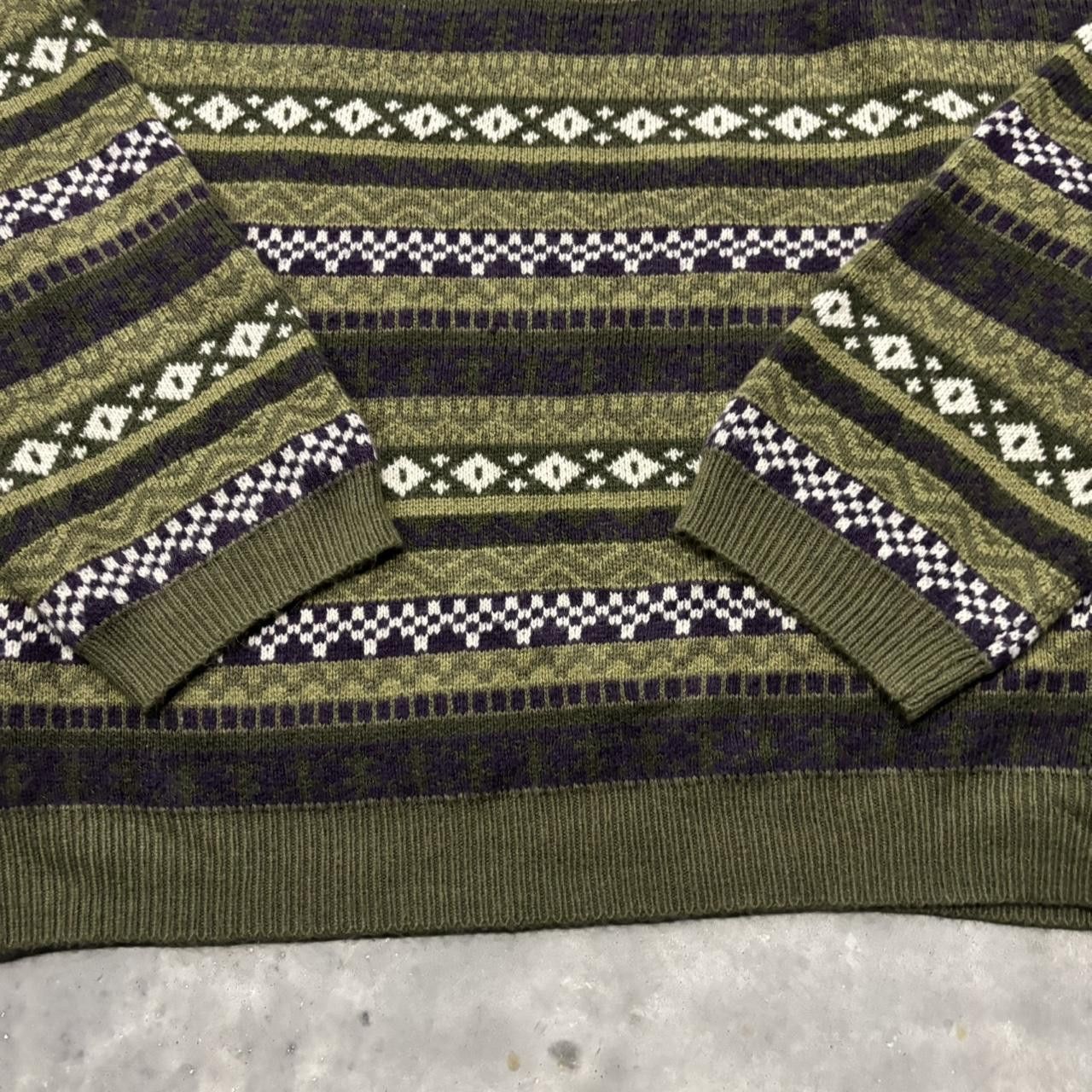 Japanese Brand × Vintage Crazy Vintage Y2K/2000s Green Striped Pattern Coogi Style Boxy Sweater! Size US L / EU 52-54 / 3 - 5 Thumbnail