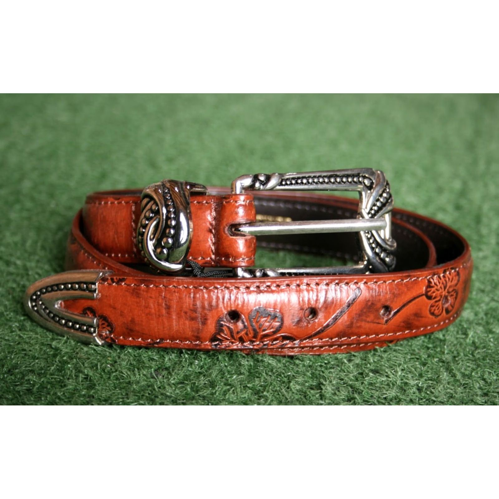 Vintage MC Cognac Brown Floral Tooled Leather Belt Women's ≈ Sz. 26 Size ONE SIZE - 2 Thumbnail