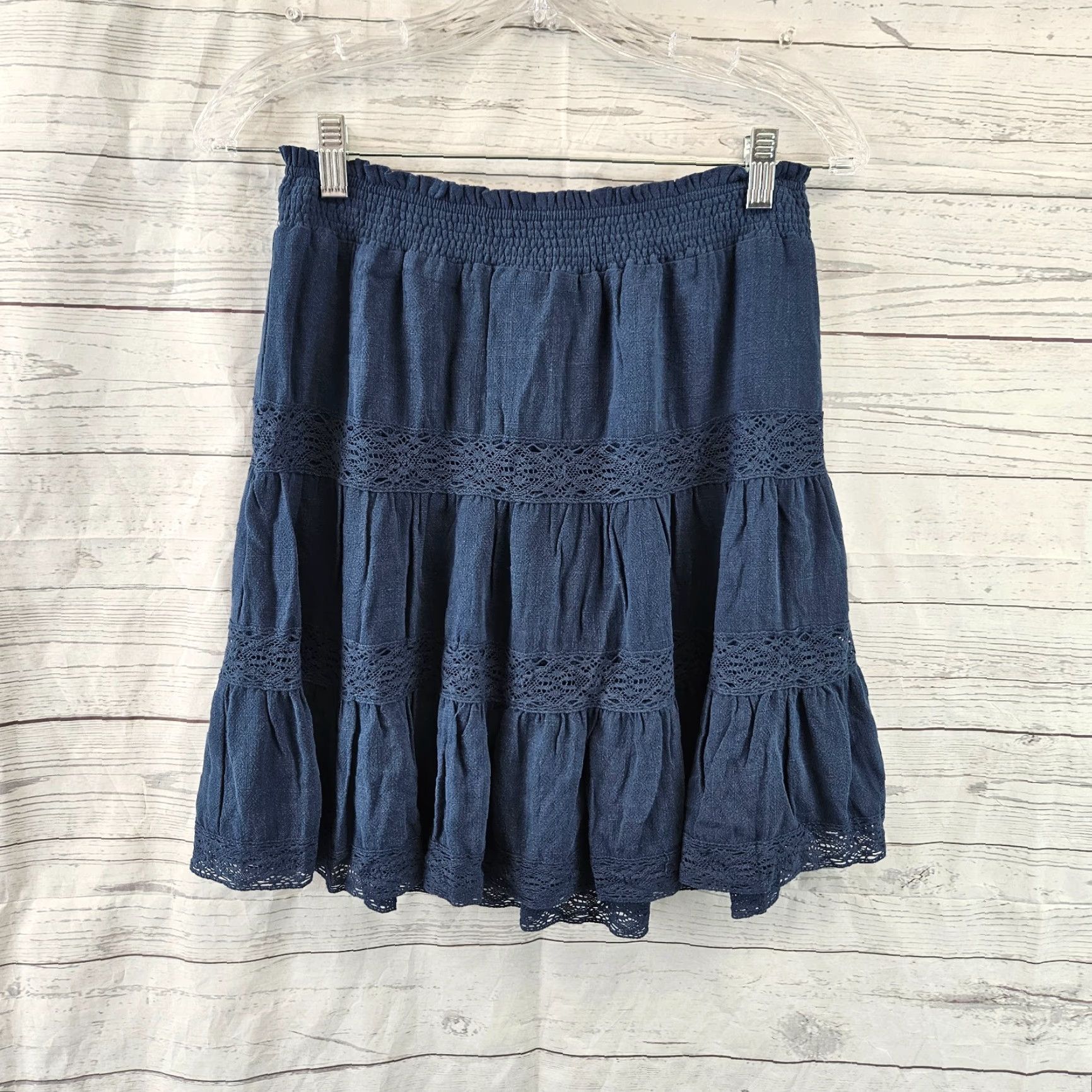 Vintage Skies Are Blue Skirt Women Medium Solid Blue Linen Rayon Lace Crochet A-Line Short Size 32" / US 10 / IT 46 - 2 Thumbnail