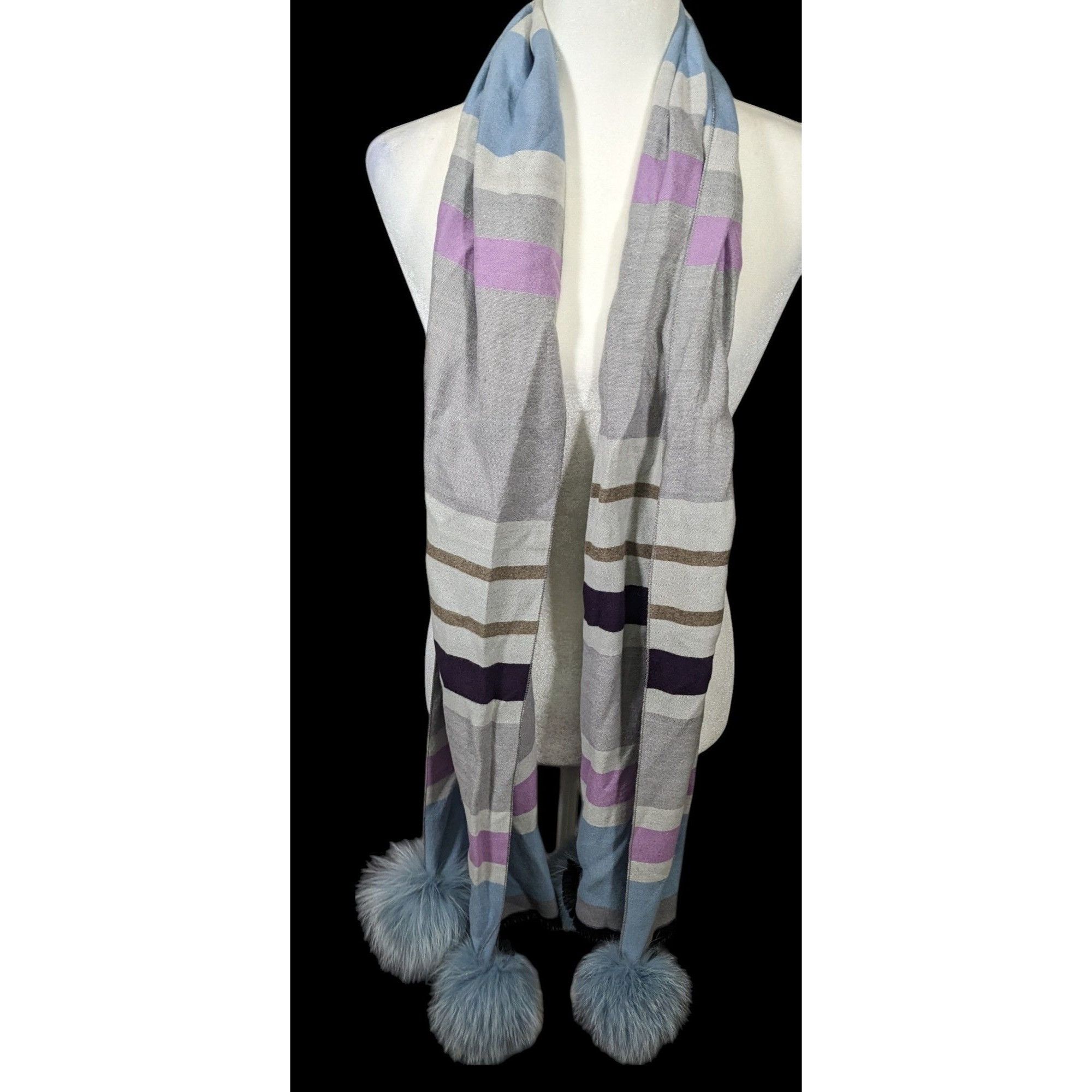 Other Casual Grey Purple And Blue Striped Pompom Scarf Size ONE SIZE - 2 Thumbnail
