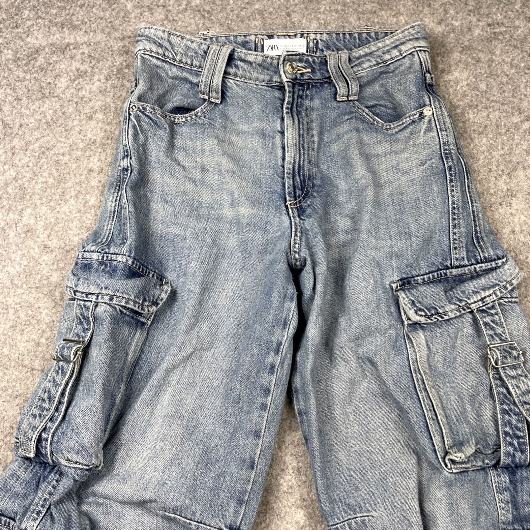 Zara Zara Wide Leg Baggy Cargo Jeans Womens 4 Blue Denim Barrel Buckle Grunge Y2K Size 27" / US 4 / IT 40 - 5 Thumbnail