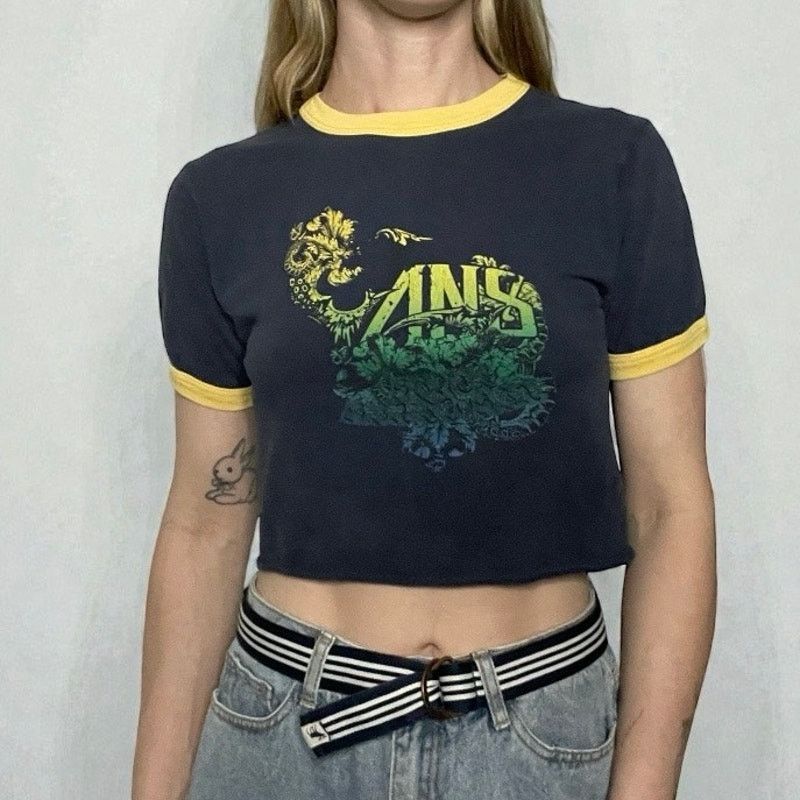 Vans VANS Navy Blue & Yellow Floral Logo Ringer Cropped Top Size M / US 6-8 / IT 42-44 - 1 Thumbnail