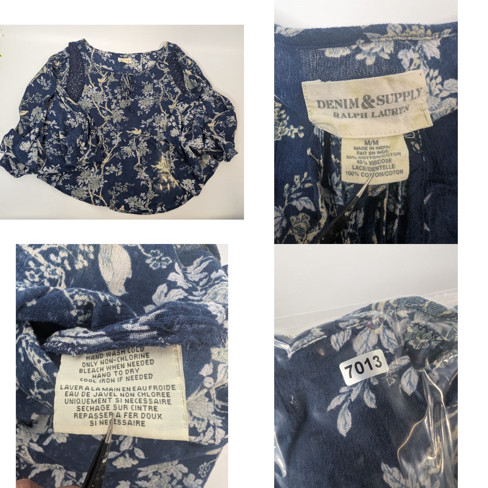 Vintage DENIM & SUPPLY Top Navy Floral Crochet Slit Sleeve Peasant Boho Blouse M Womens Size M / US 6-8 / IT 42-44 - 8 Thumbnail