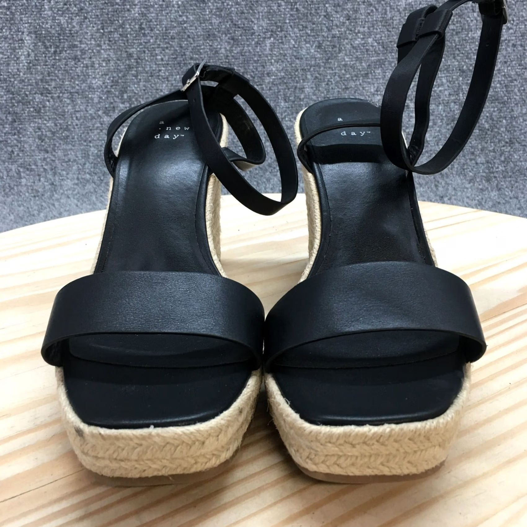 Vintage A New Day Sandals Womens 10 Ankle Straps Espadrilles Black Faux Leather Wedge Size US 10 / IT 40 - 4 Thumbnail