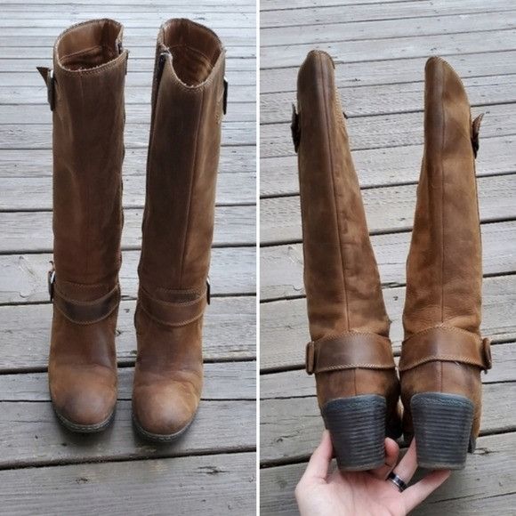Born Born Heeled Buckle Zip Up Brown Leather Knee High Tall Boots Size US 9.5 / IT 39.5 - 4 Thumbnail