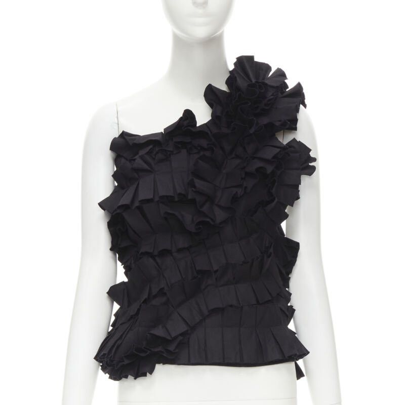 BOTTEGA VENETA black pleated ruffle one shoulder corset bustier top IT38 XS