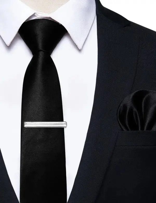 Luxury Skinny Solid Black Neck Tie Set Mens