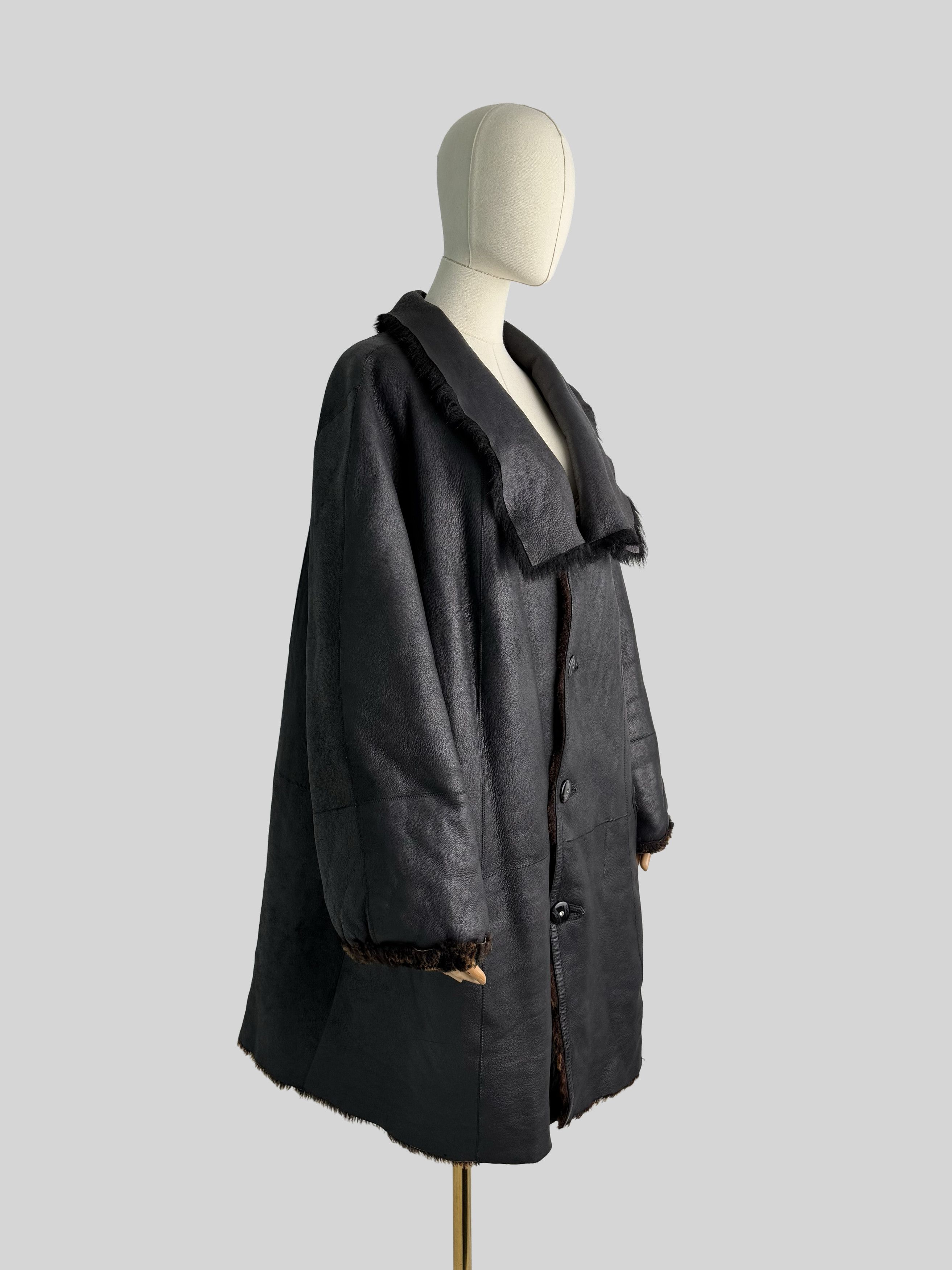Vintage Vintage Black Shearling Leather Coat Winter Jacket Y2K (ET1) Size XL / US 12-14 / IT 48-50 - 2 Thumbnail