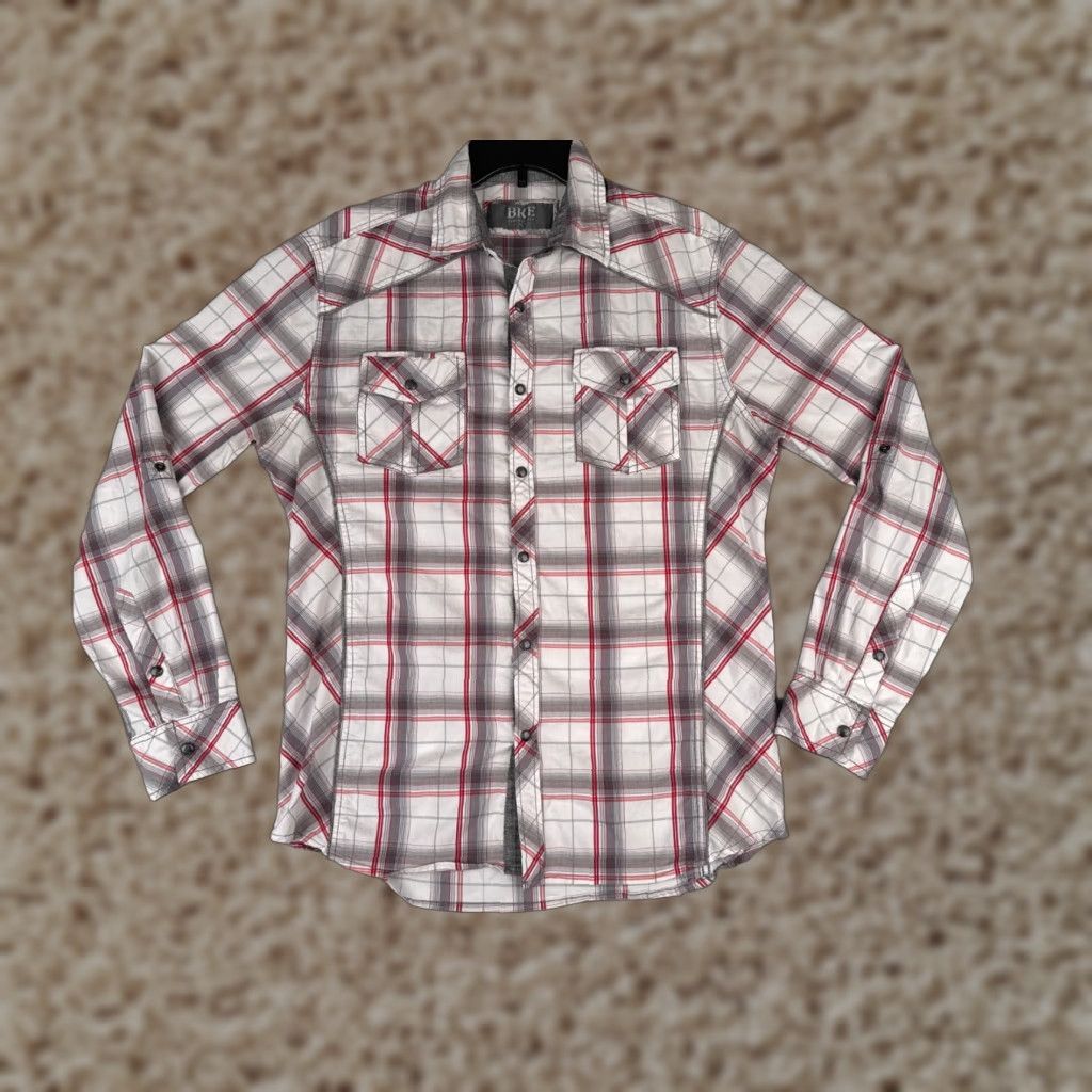 Vintage BKE Shirt Mens Medium White Plaid Red Gray Pearl Snap Long Sleeve Buckle Size US M / EU 48-50 / 2 - 1 Thumbnail