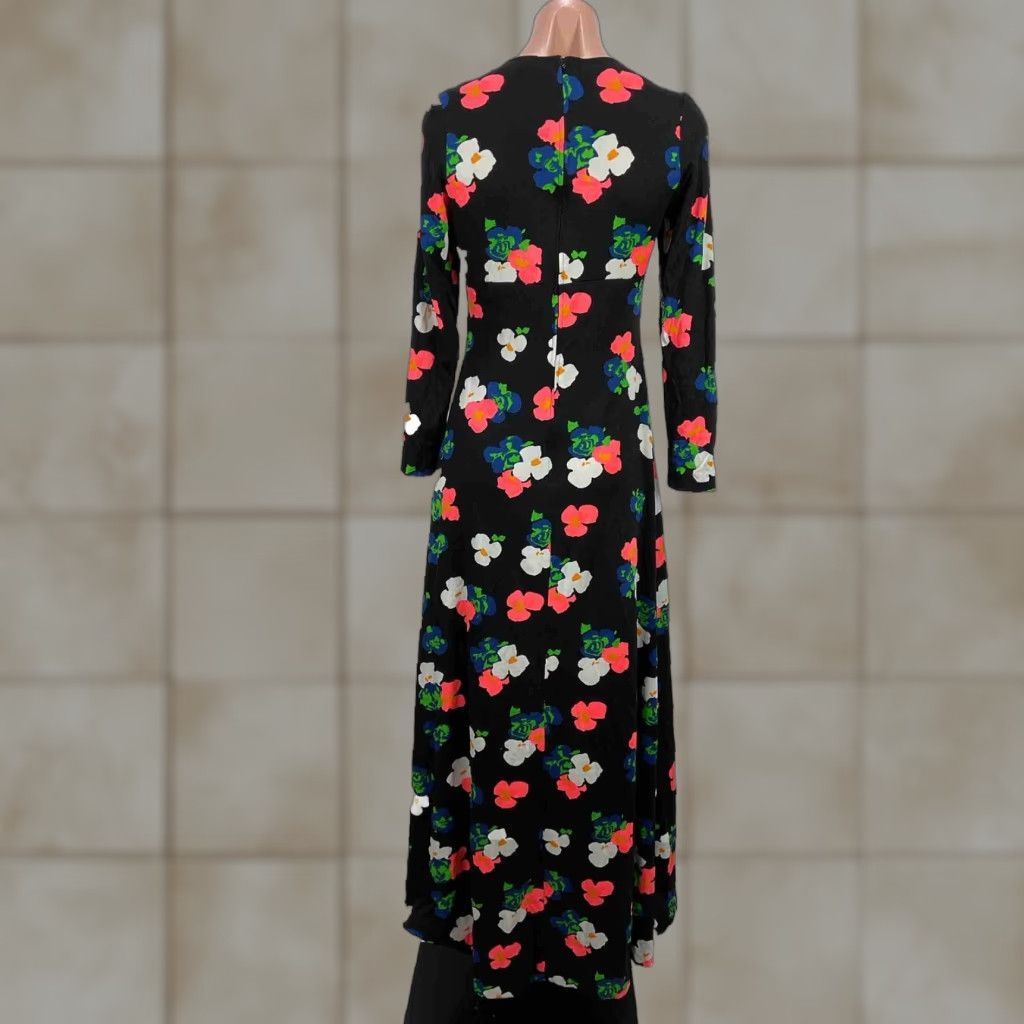 VINTAGE ACT 1 70s Psychedelic Floral Neon Empire Waist Long Sleeve Velvet Maxi Dress Women's