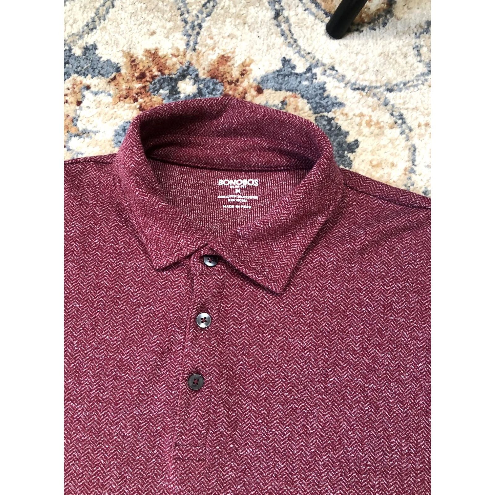 Bonobos Bonobos Polo Shirt Mens M Burgundy Long Sleeve Slim Fit Herringbone Knit Polo Shirt Slim Fit Mens Burgundy Red Knit Collar 3-Button Casual Business Size US M / EU 48-50 / 2 - 6 Thumbnail