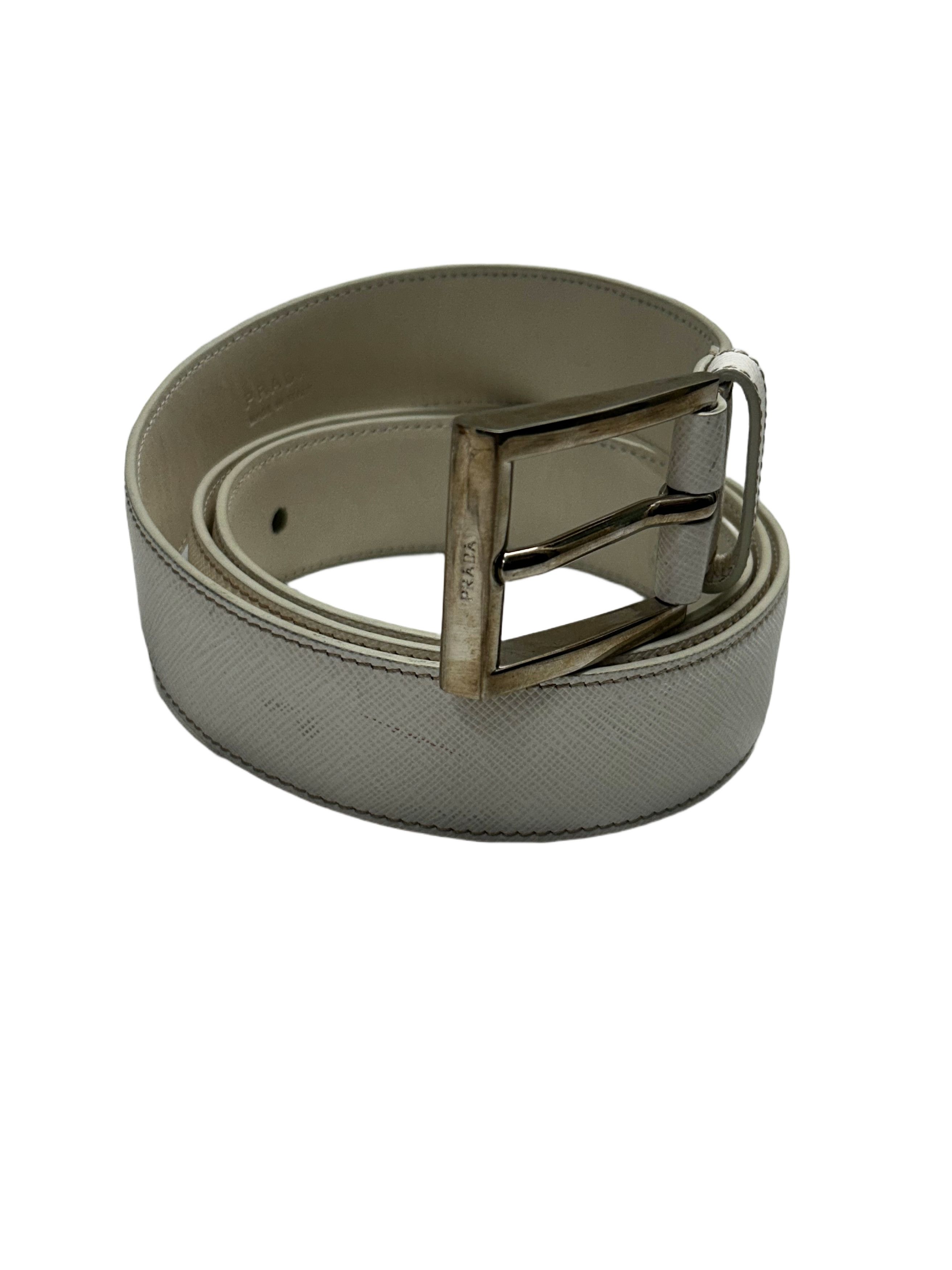 Prada Prada Off White Leather Belt With Prada Logo On Notch Buckle Size 30 - 2 Thumbnail