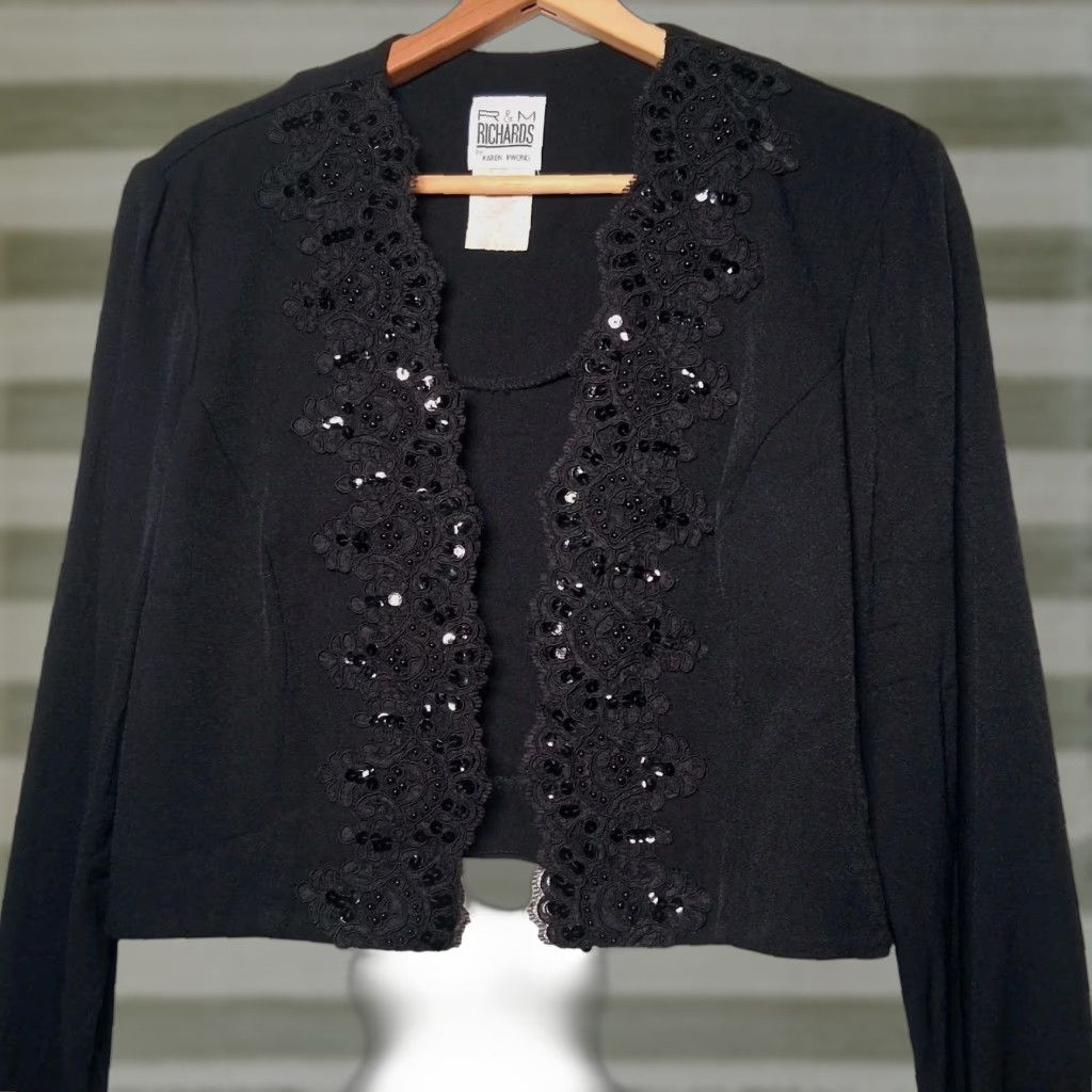 Vintage VINTAGE R & M Richards Bolero Shirt Cropped Black Lace Beads Sequins Open Front Long Sleeve Size 10 Womens Size L / US 10 / IT 46 - 1 Thumbnail