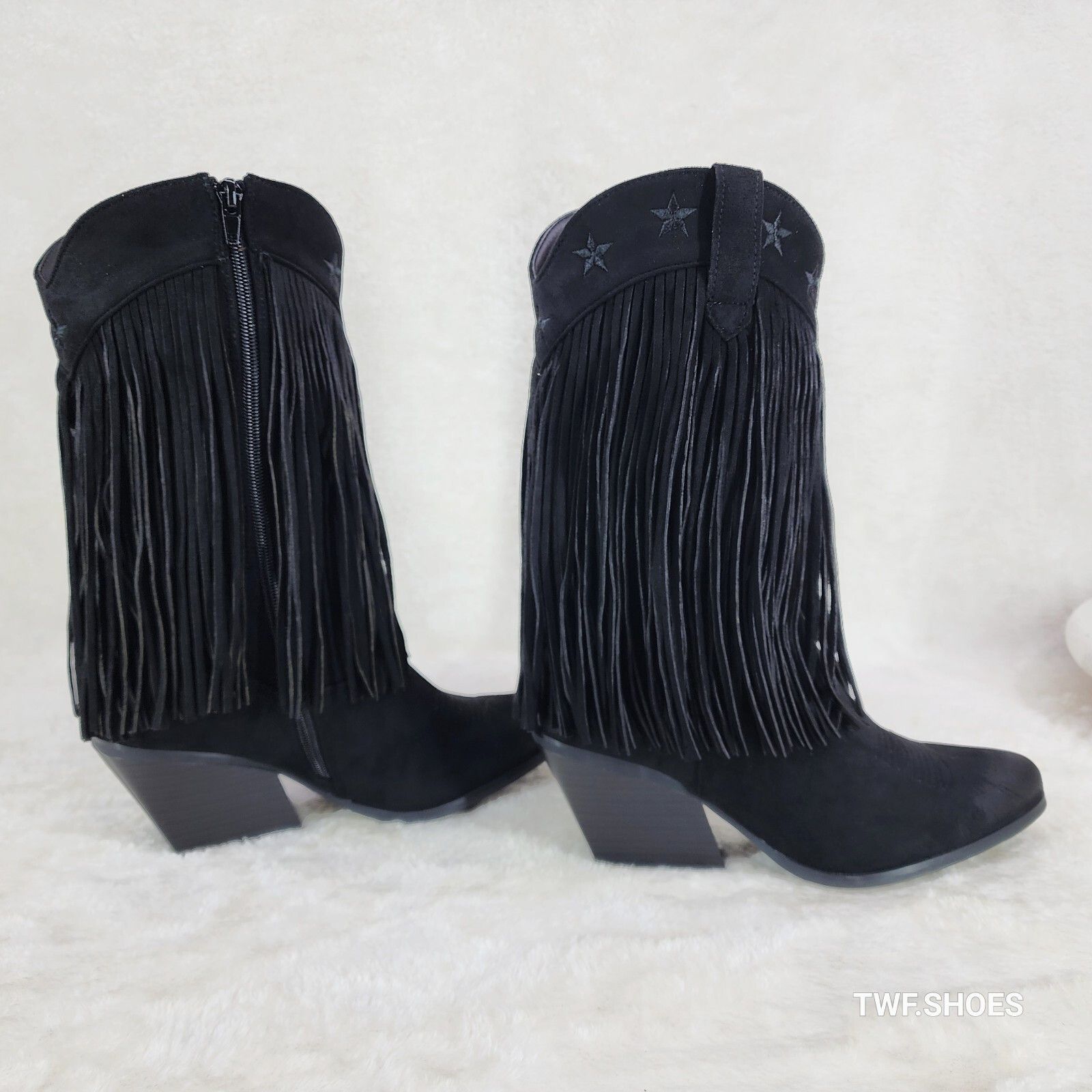 Other Dusty Trails Mid Calf Jet Black Fringe Country Western Cowgi Size US 11 / IT 41 - 2 Thumbnail