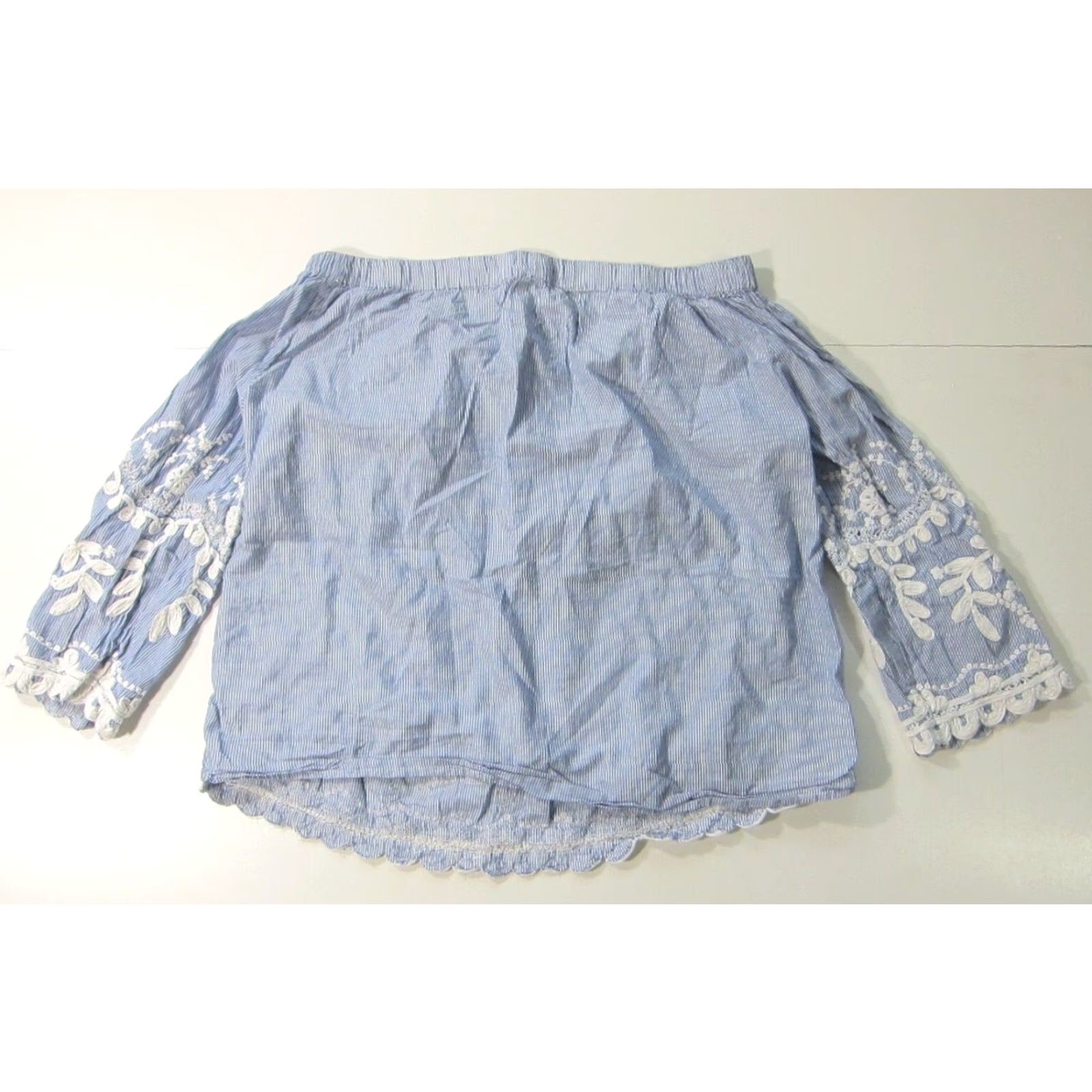 Vintage Blank NYC Blouse XL Cotton Blue White Stripe Embroidered Floral Off Shoulder Women Size XL / US 12-14 / IT 48-50 - 2 Thumbnail