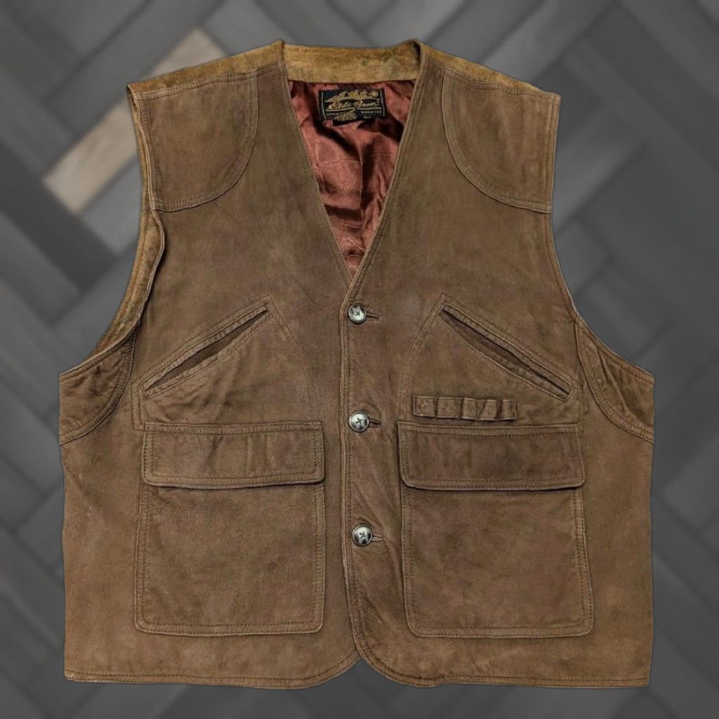Eddie Bauer VINTAGE Eddie Bauer leather vest M brown suede SPORTSMAN duck hunting UTILITY Mens Vest 42-44 brown suede leather duck hunting vintage 1940s? Size US M / EU 48-50 / 2 - 1 Thumbnail