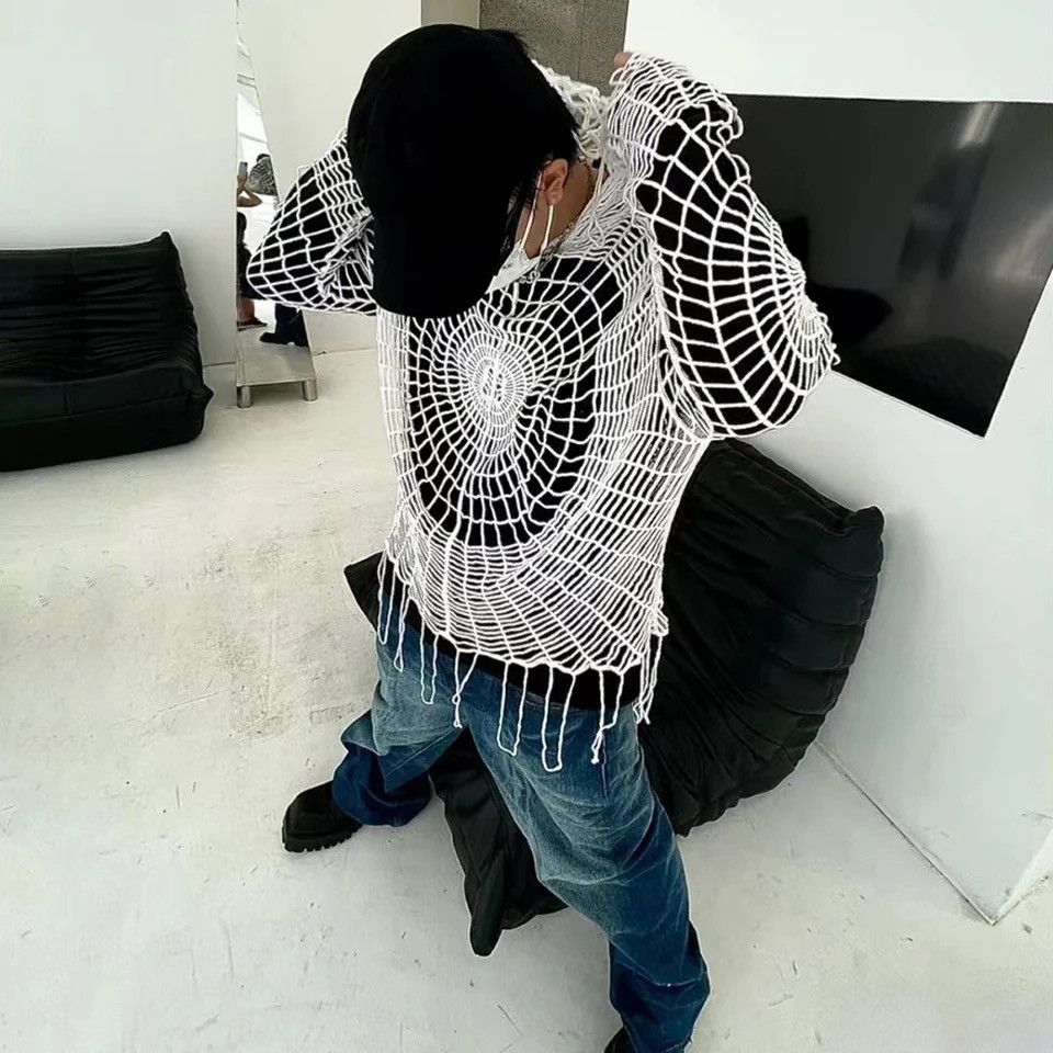 Designer Y2K Spider Web with Holes Hooded Pullover Knitted Sweater Size US L / EU 52-54 / 3 - 3 Thumbnail