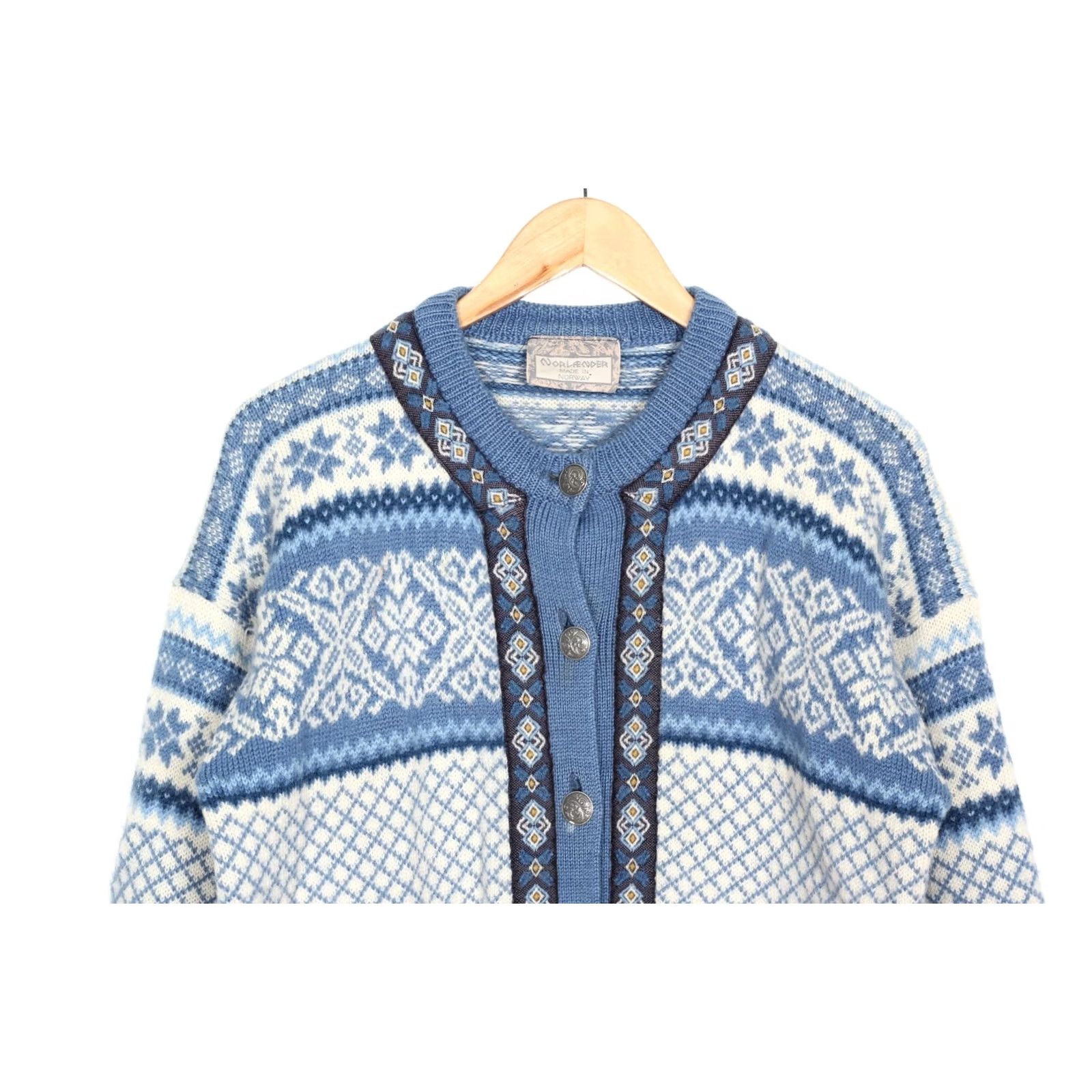 Vintage VINTAGE NORLANDER Cardigan Wool Fair Isle Knit Wool Cardigan Women M Blue 90s Style Mens Womens Size M / US 6-8 / IT 42-44 - 2 Thumbnail