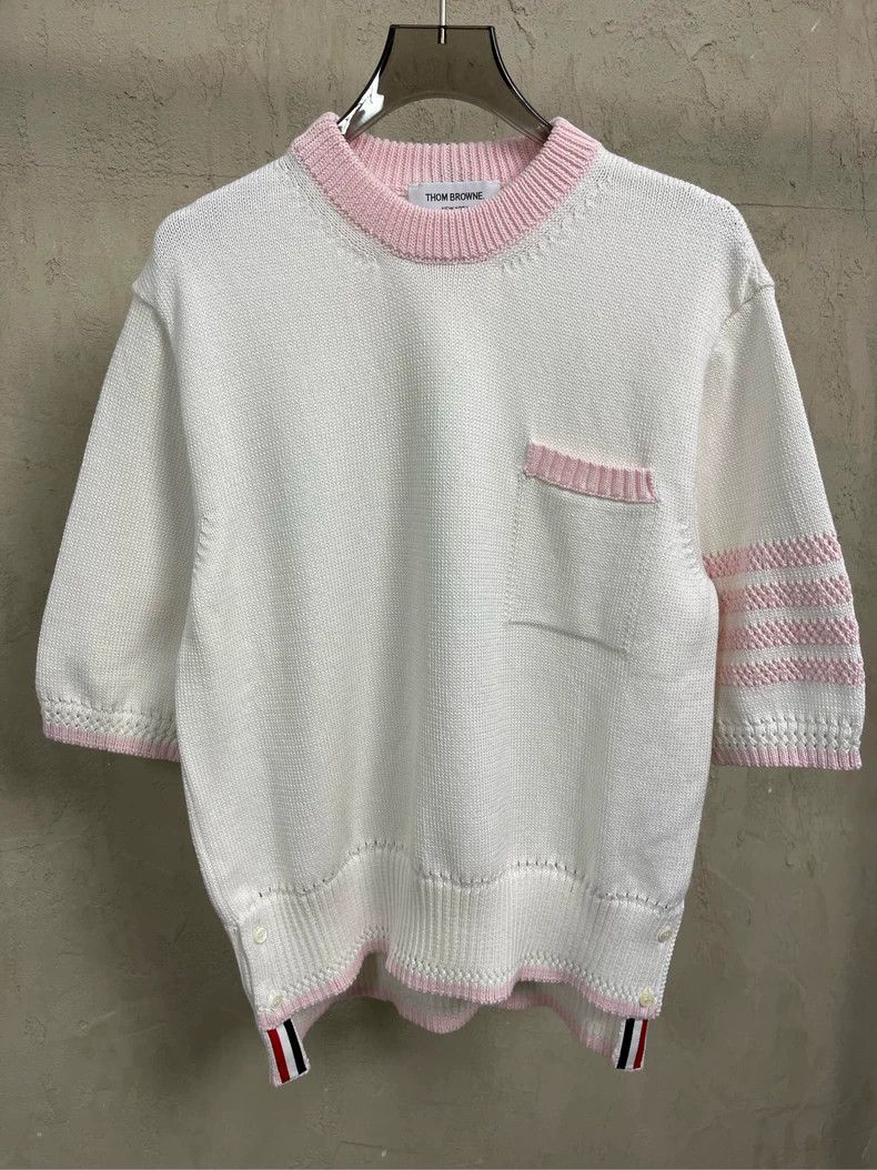 Thom Browne Thom Browne White and pink four-striped knitted short-sleev Size M / US 6-8 / IT 42-44 - 4 Thumbnail