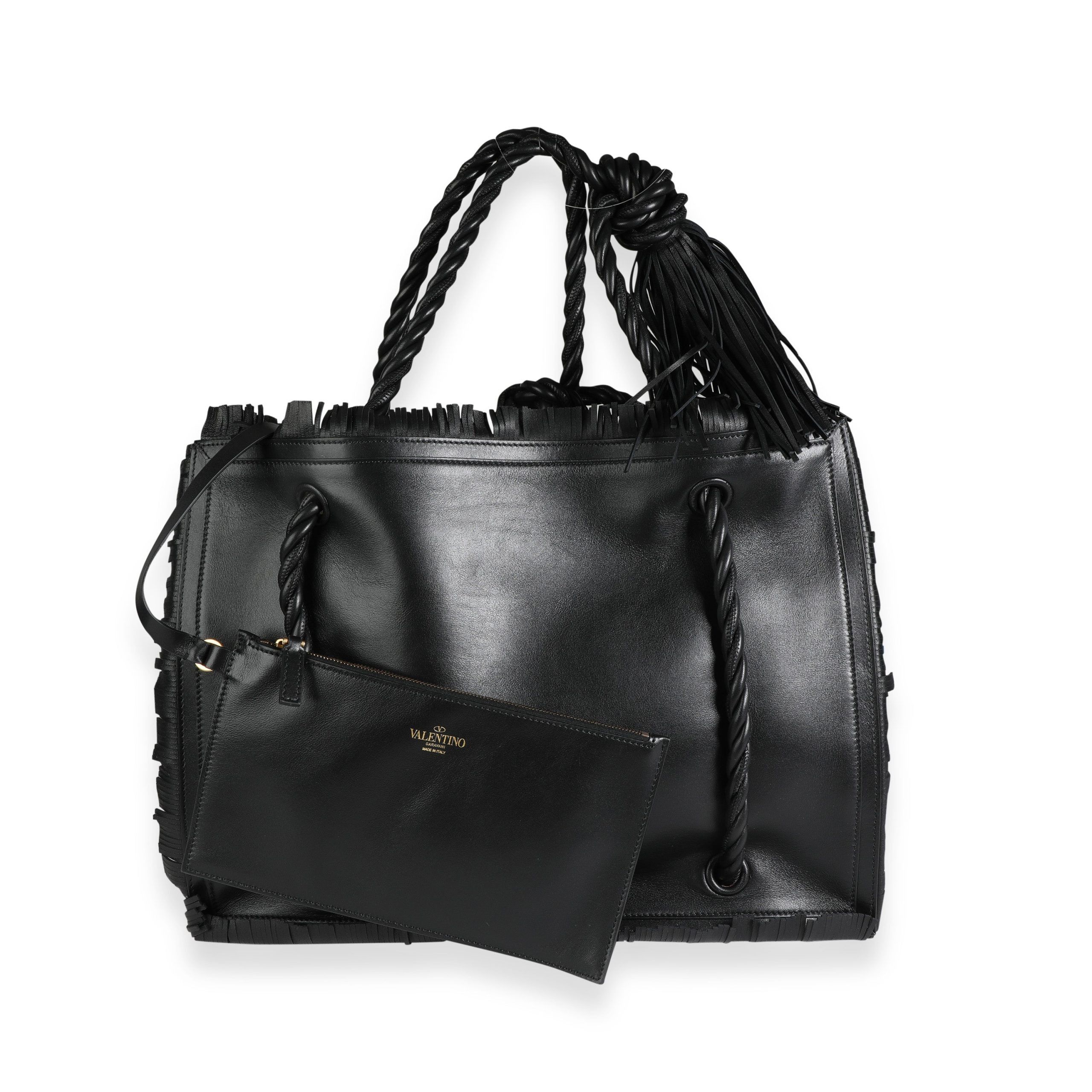 Valentino Black Leather The Rope Fringe Shopper