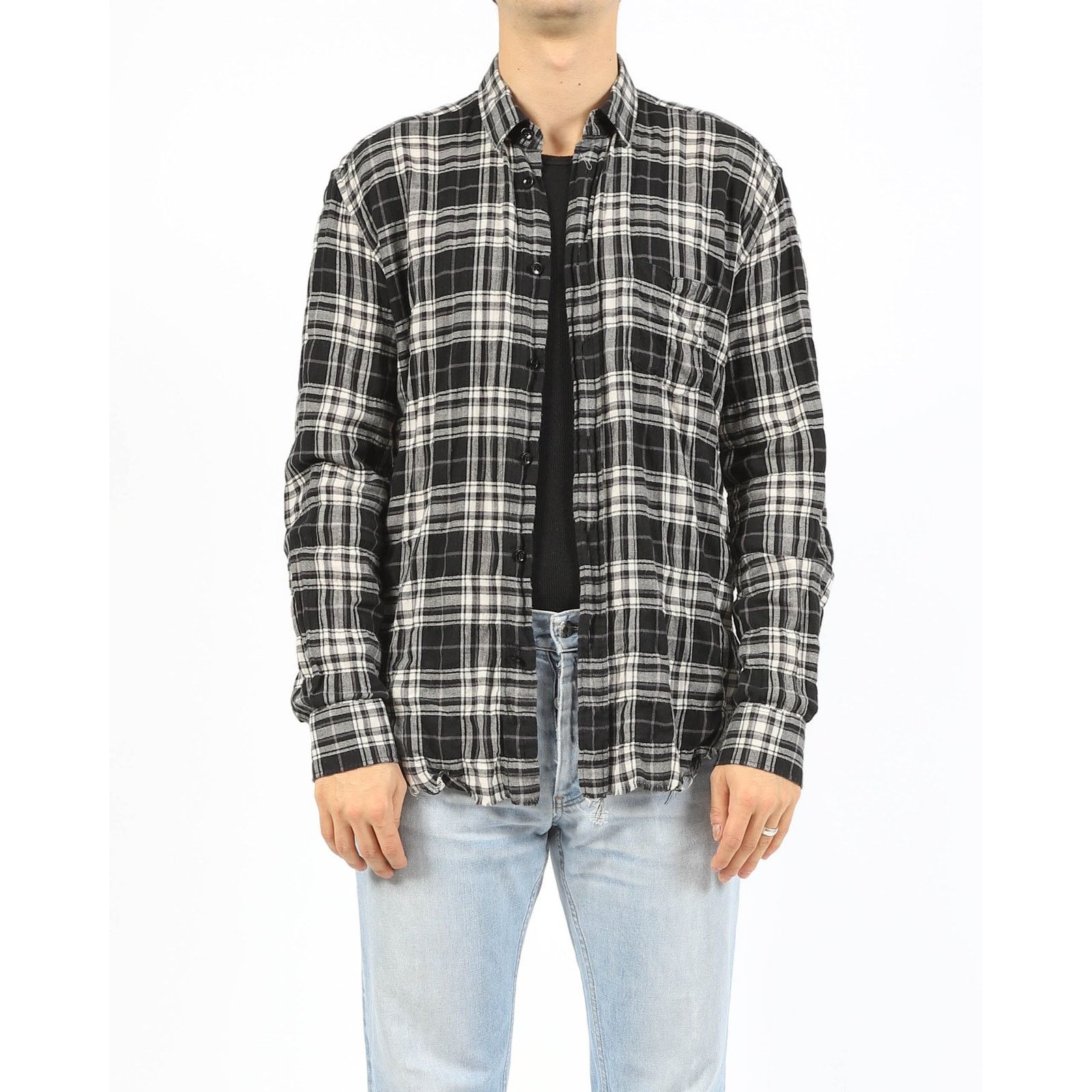 Saint Laurent Paris SS17 Crinkled Raw Hemd Flannel in Black & White Wool Size US M / EU 48-50 / 2 - 1 Thumbnail