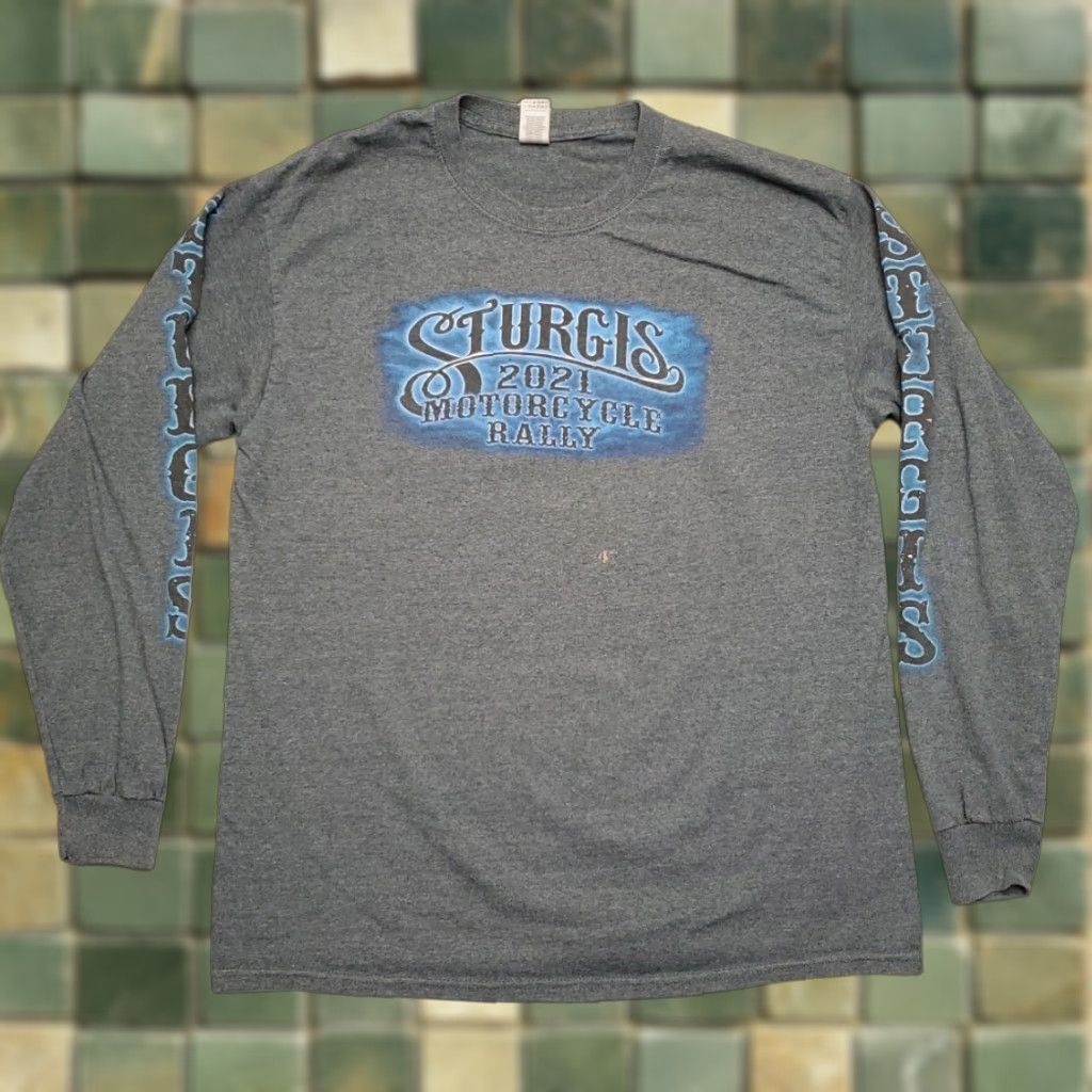 Gildan Sturgis 2021 Motorcycle Rally Shirt Mens Large Long Sleeve Biker Eagle Buffalo Gray Graphic Print Crew Neck Size US L / EU 52-54 / 3 - 1 Thumbnail