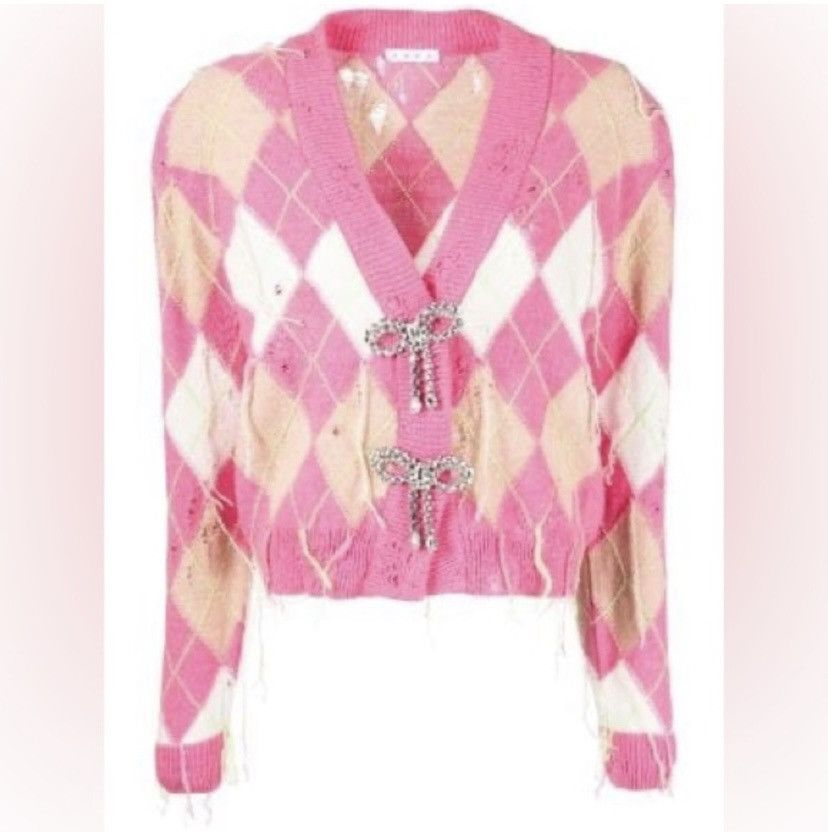 Image of Area Distressed Argyle Cardigan Size Xs in Pink, Women's