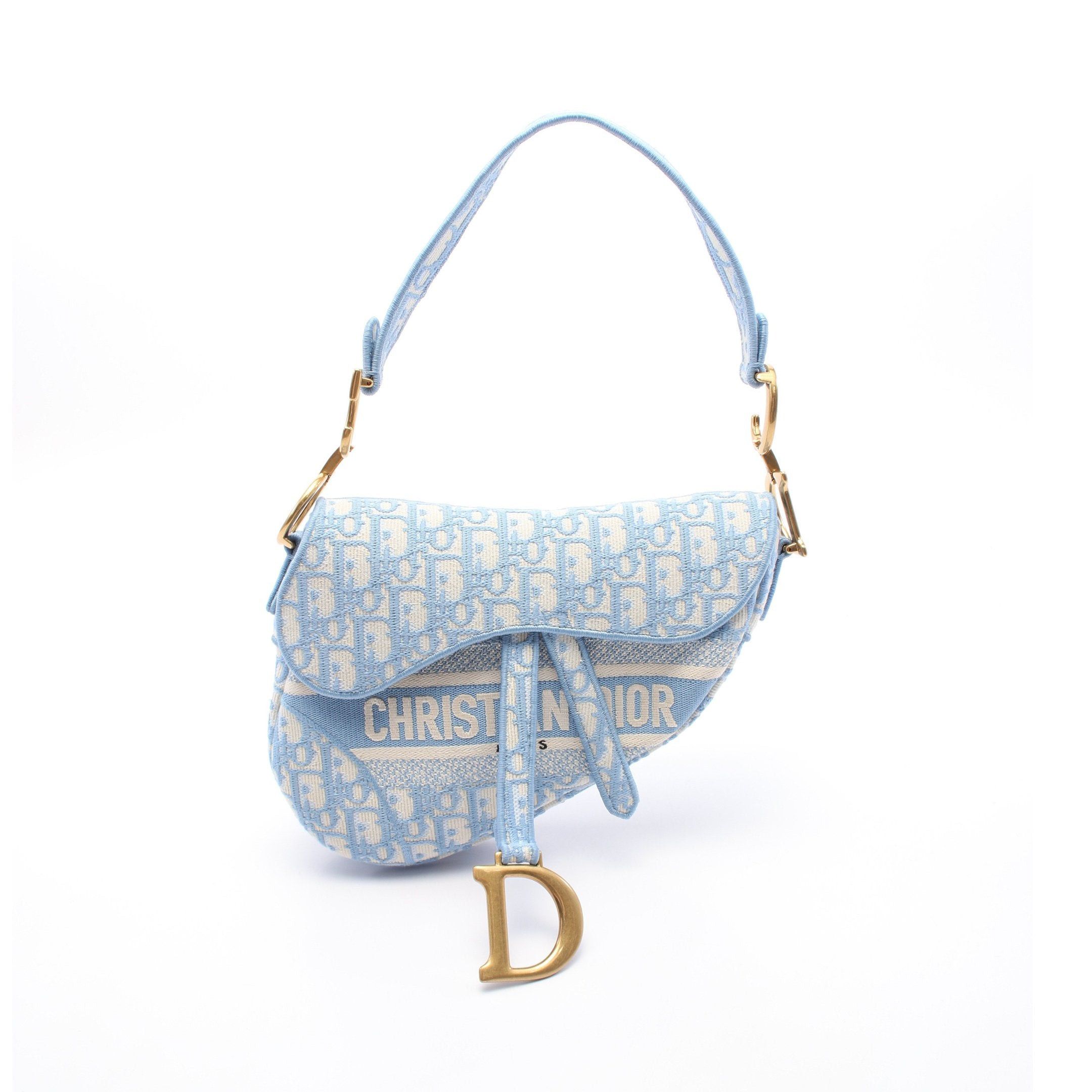 Dior Saddle Oblique Handbag Canvas Light Blue White