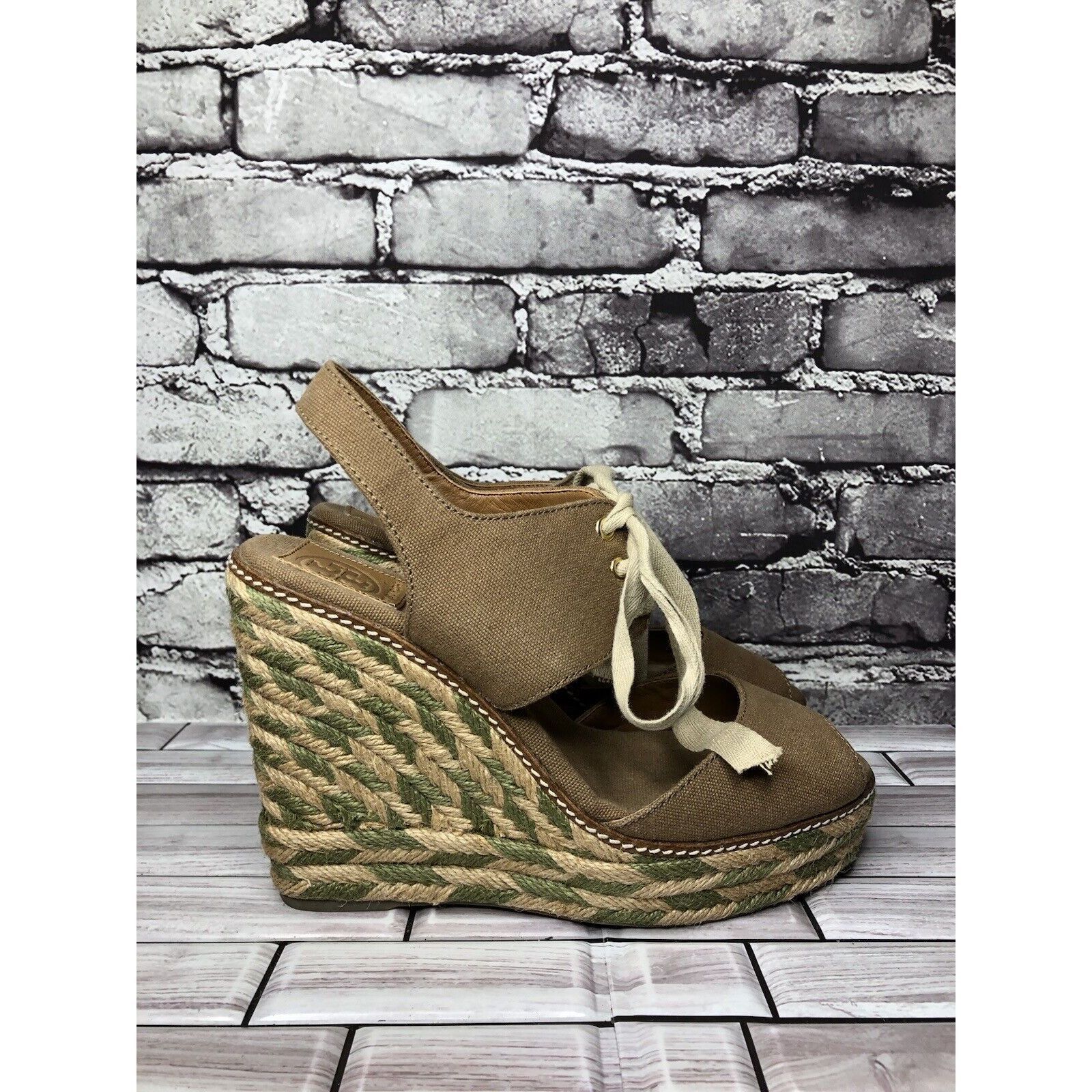 Tory Burch Tory Burch Taupe Canvas Textile Green Tan Espadrilles Wedge Size US 10 / IT 40 - 3 Thumbnail