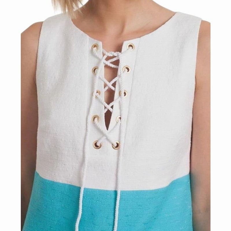 Trina Turk Trina Turk White Blue Navy Colorblock Lace Up Neckline Dress Size XS / US 0-2 / IT 36-38 - 2 Thumbnail