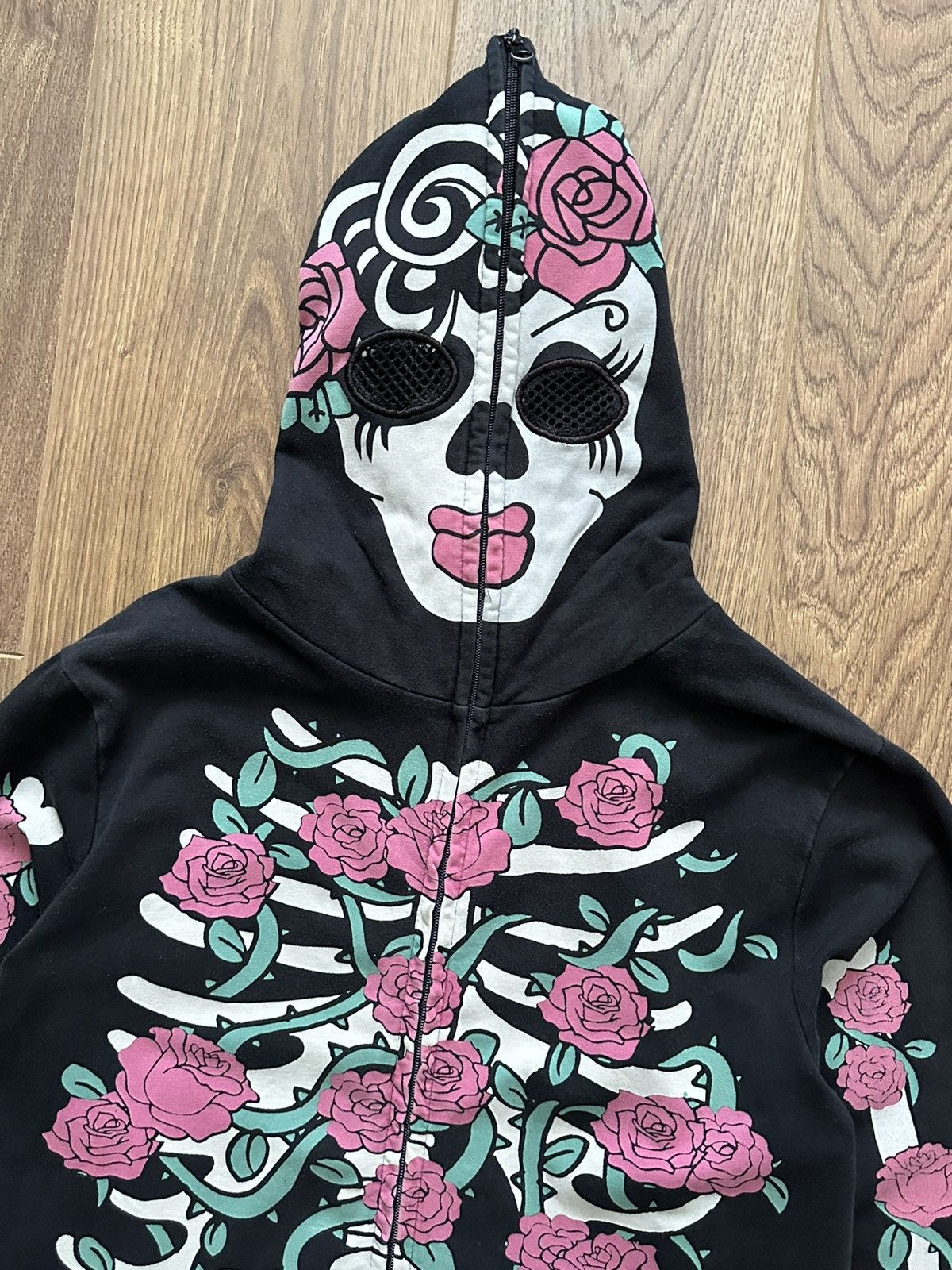 Japanese Brand × Vintage Vintage Skeleton Floral Pint Black Cotton Full Zip Hoodie Size M / US 6-8 / IT 42-44 - 2 Thumbnail