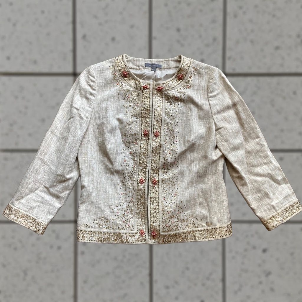 Ann Taylor Ann Taylor Jacket Womens Size 10 Beige Linen Blend Sequin Bejeweled Beaded Top Size L / US 10 / IT 46 - 1 Thumbnail