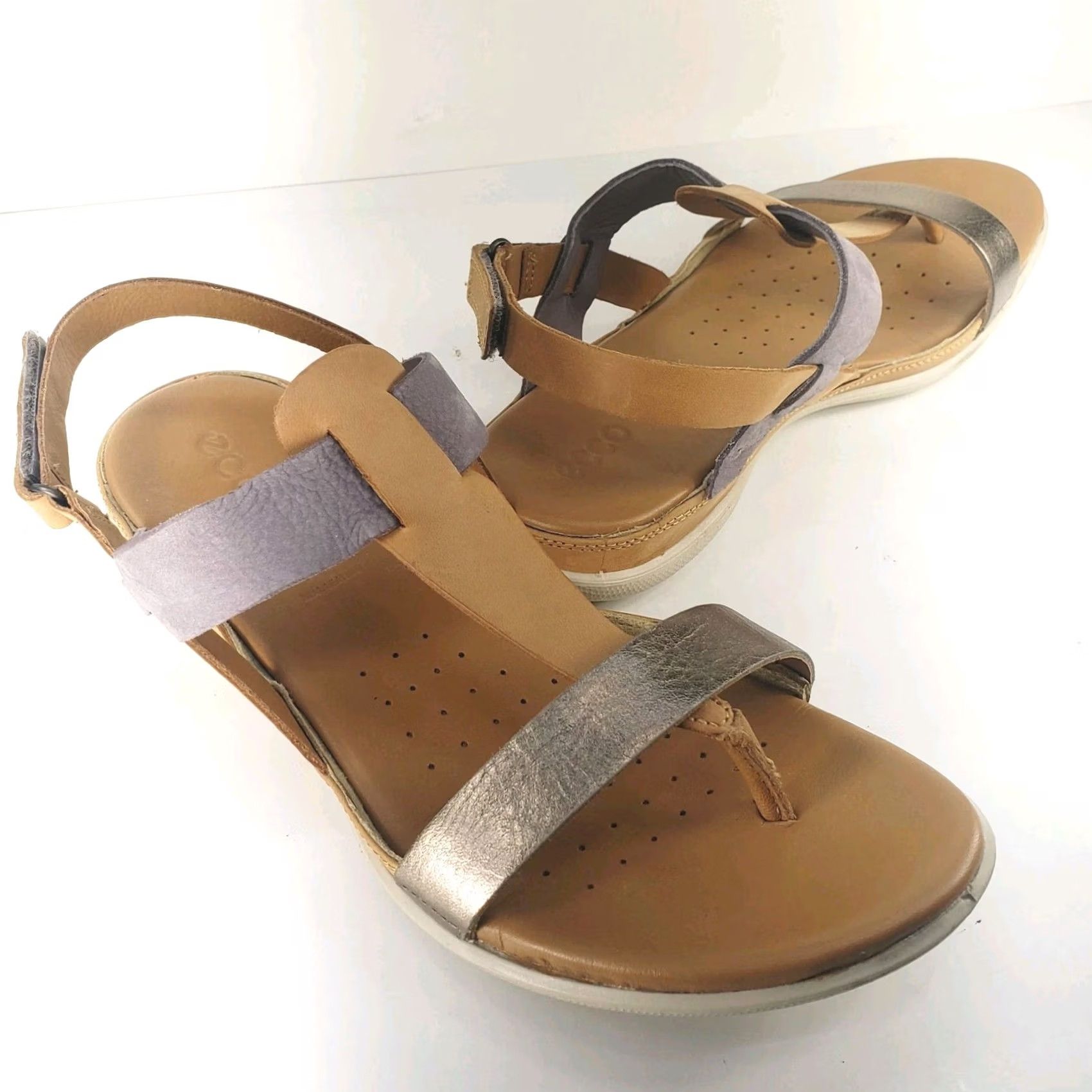 Ecco ECCO Strappy Womens Slingback Slip Sandals Tan Gray Metallic Silver Size US 9 / IT 39 - 3 Thumbnail