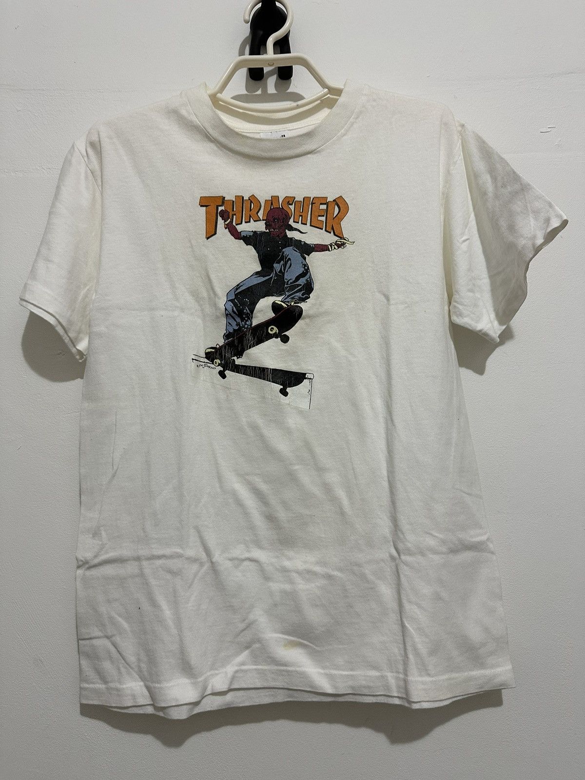 image of Made In USA x Thrasher Vintage 1990’S Thrasher Pushead Skateboard Anvil Usa T-Shirt in White (Size 