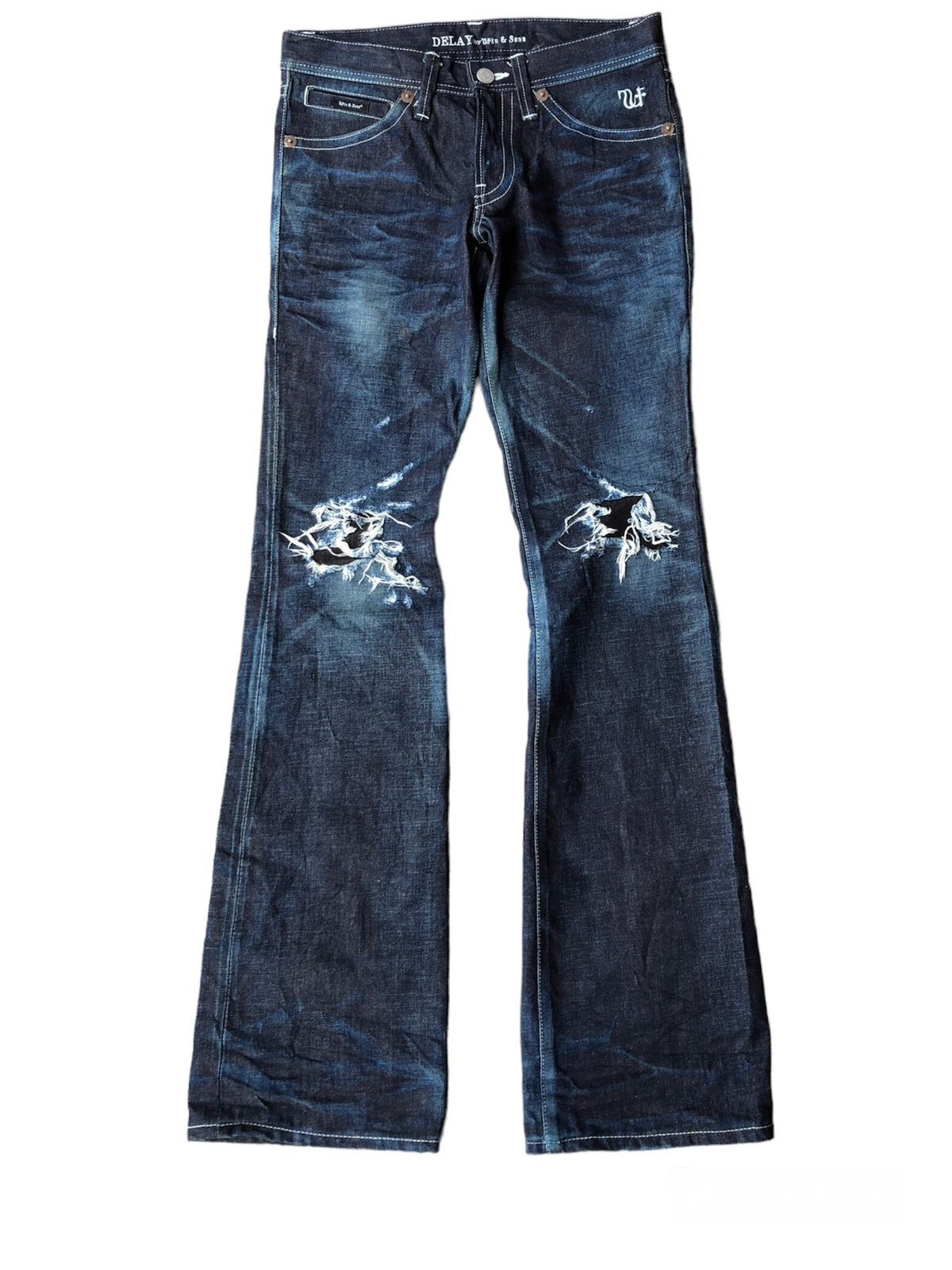 image of Distressed Denim Delay By Win & Sons Flared Indigo Jeans in Indigo Blue, Men's (Size 30)