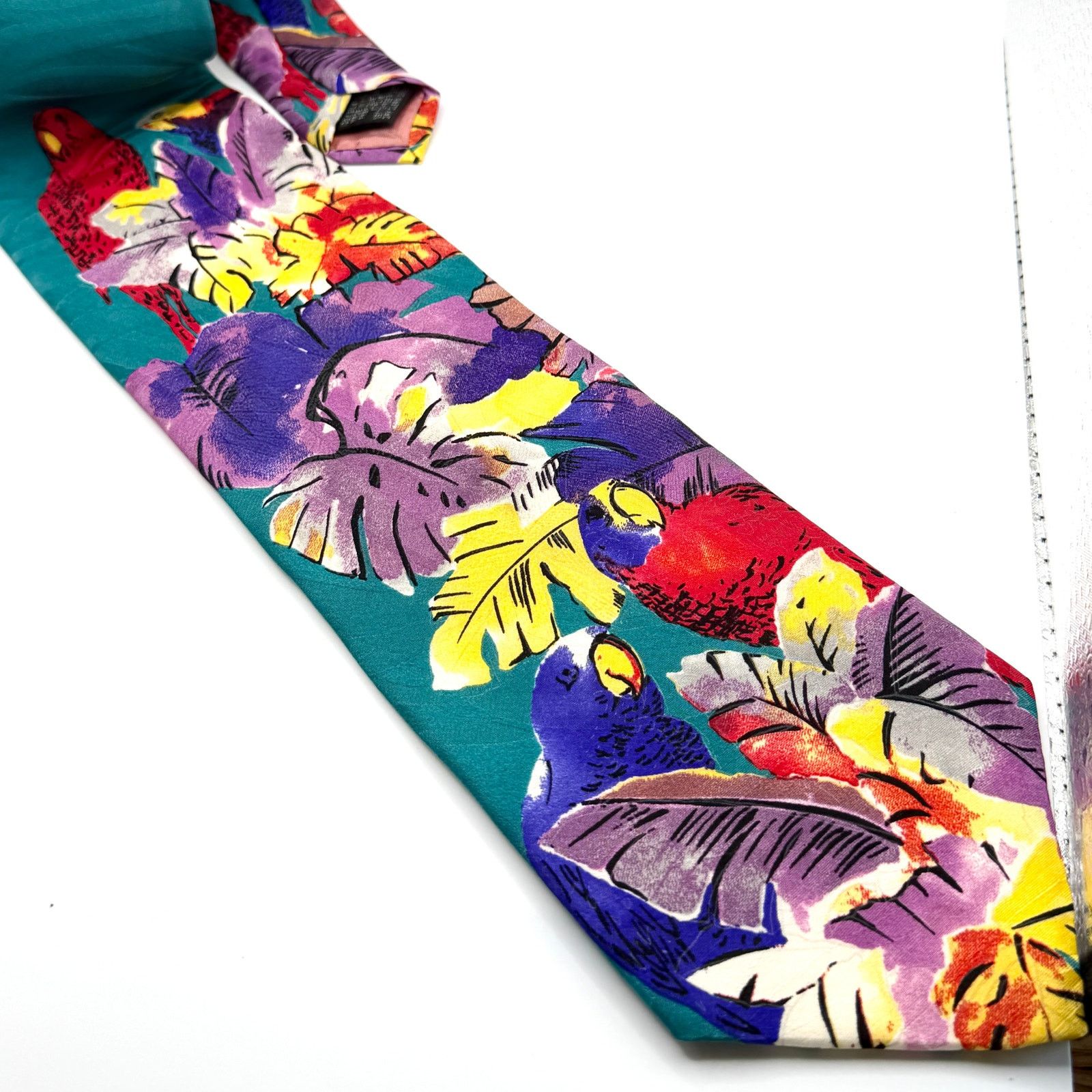 Vintage Vintage 90s Teal 100% Silk Tropical Parrot Print Necktie Size ONE SIZE - 2 Thumbnail
