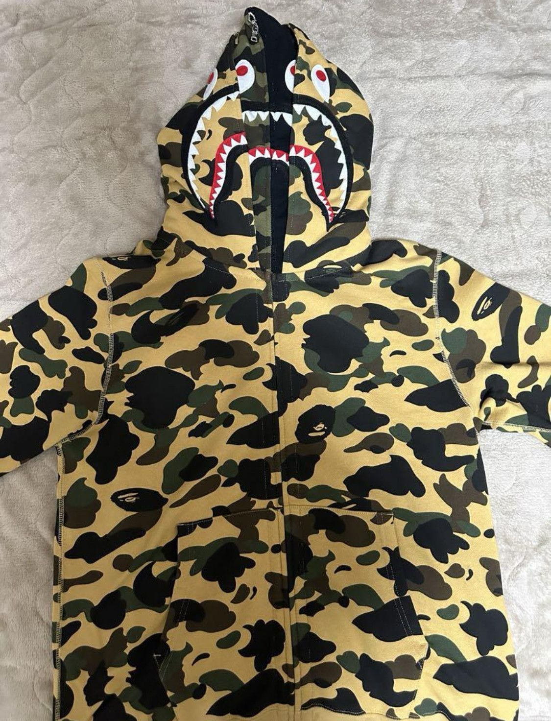 image of Bape 1St Camo Shark Wide Full Zip Double Hoodie in Yellow, Men's (Size XL)