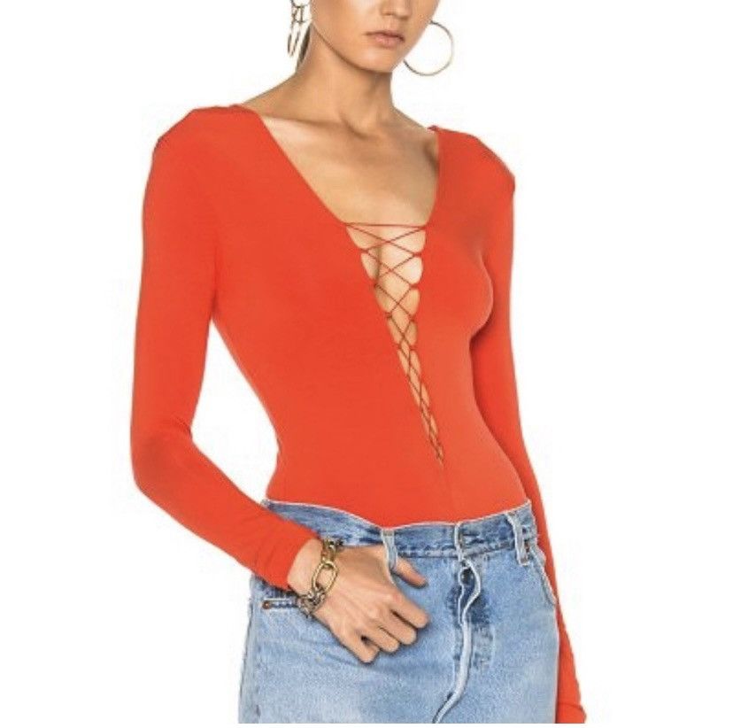 image of T By Alexander Wang Alexanderwang.t Lace-Up Orange Bodysuit Size Xs, Women's