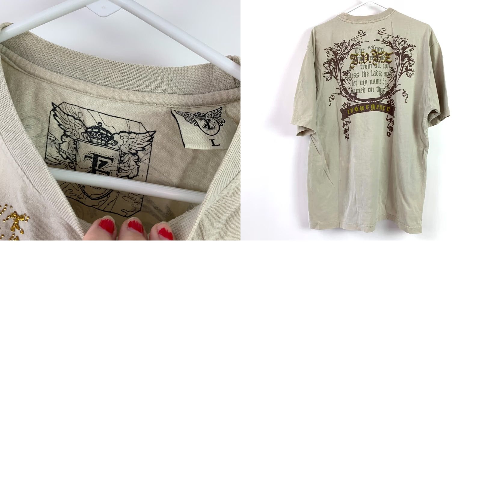 Vintage VINTAGE Nostic Fallen Angel Join The Insurgence Rhinestone Tee T-Shirt L Tan Unisex Adults Large Graphic Print Crew Neck Short Sleeve Cotton Size US L / EU 52-54 / 3 - 8 Thumbnail