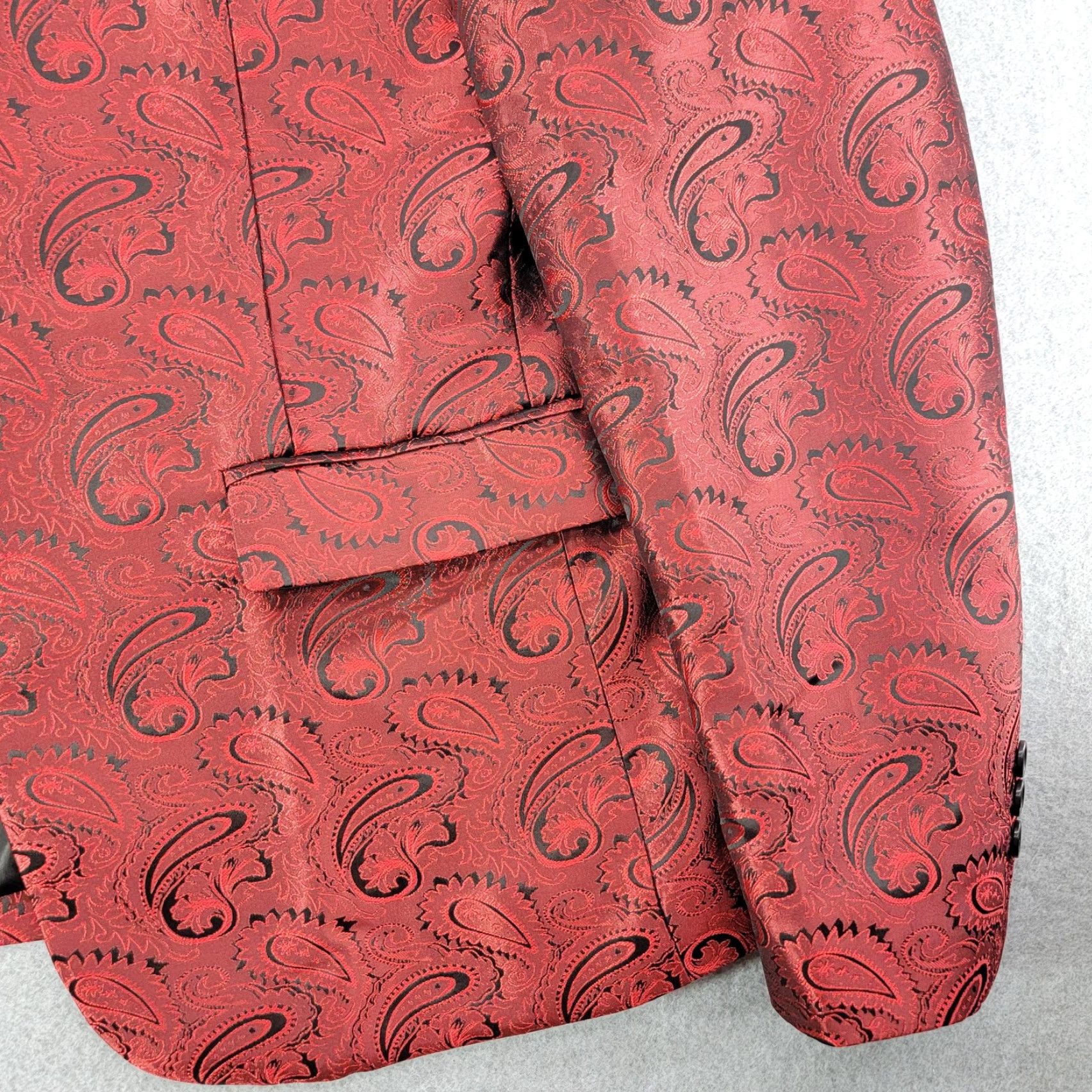 Vintage Mage Male Jacket Mens Large Red Paisley Tuxedo Shawl Lapel Formal Wedding Jacket/Coat Single-Breasted One-Button Shawl Lapel Men's Suit Size 42R - 3 Thumbnail