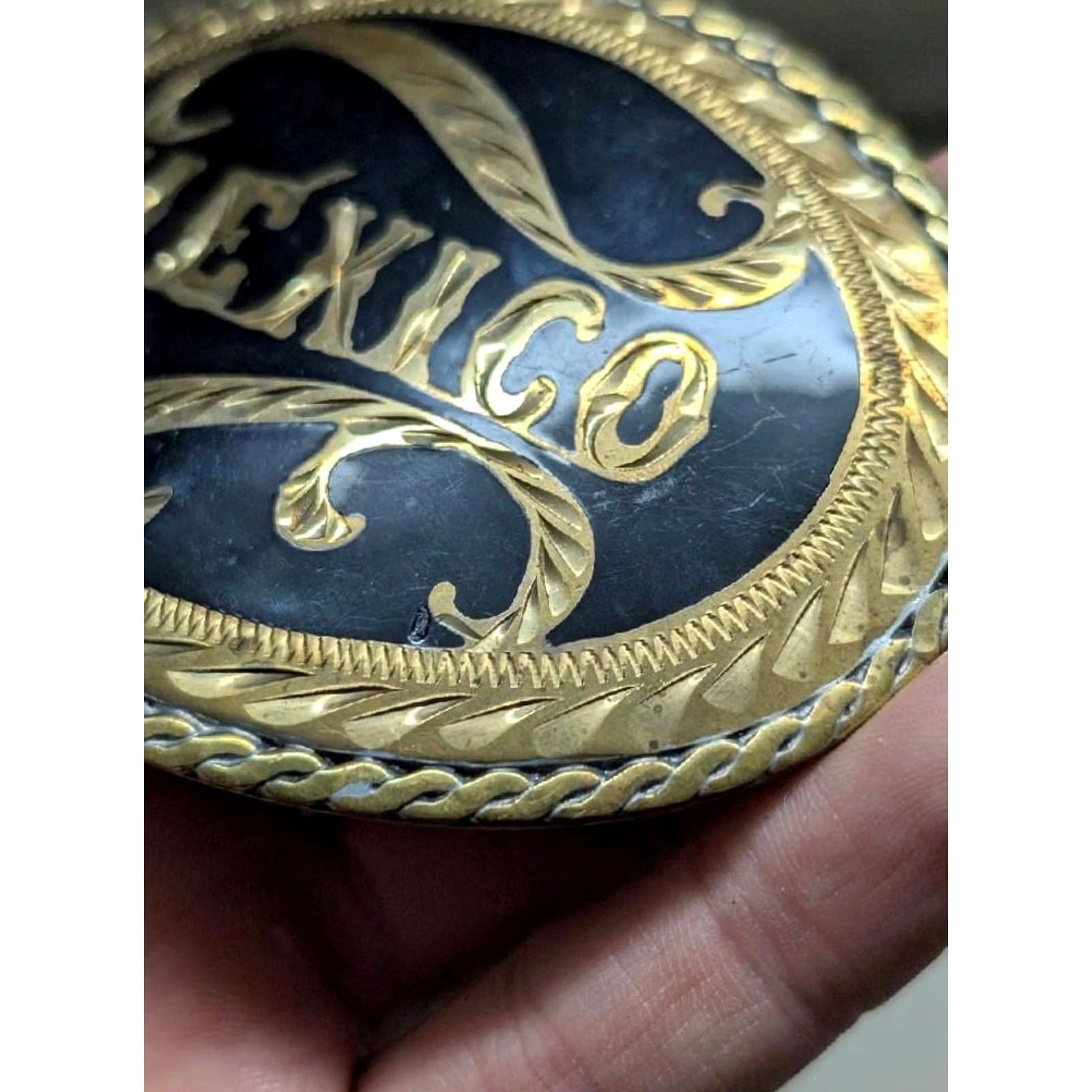 Vintage VINTAGE MEXICO belt buckle WESTERN handcrafted COWBOY german silver RODEO Men Belt Buckle Gold Black 3" x 4" XS? Size ONE SIZE - 4 Thumbnail