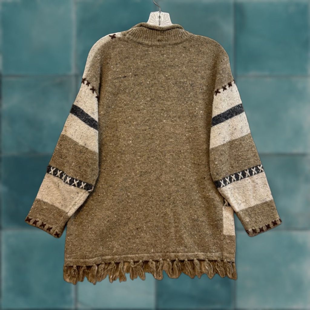 Vintage VINTAGE Sweater Petite Large Tan Turtleneck Rolled Mock Neck Fringe Southwestern Wool Blend Boho 1990s Beige PL Mens? Size L / US 10 / IT 46 - 1 Thumbnail