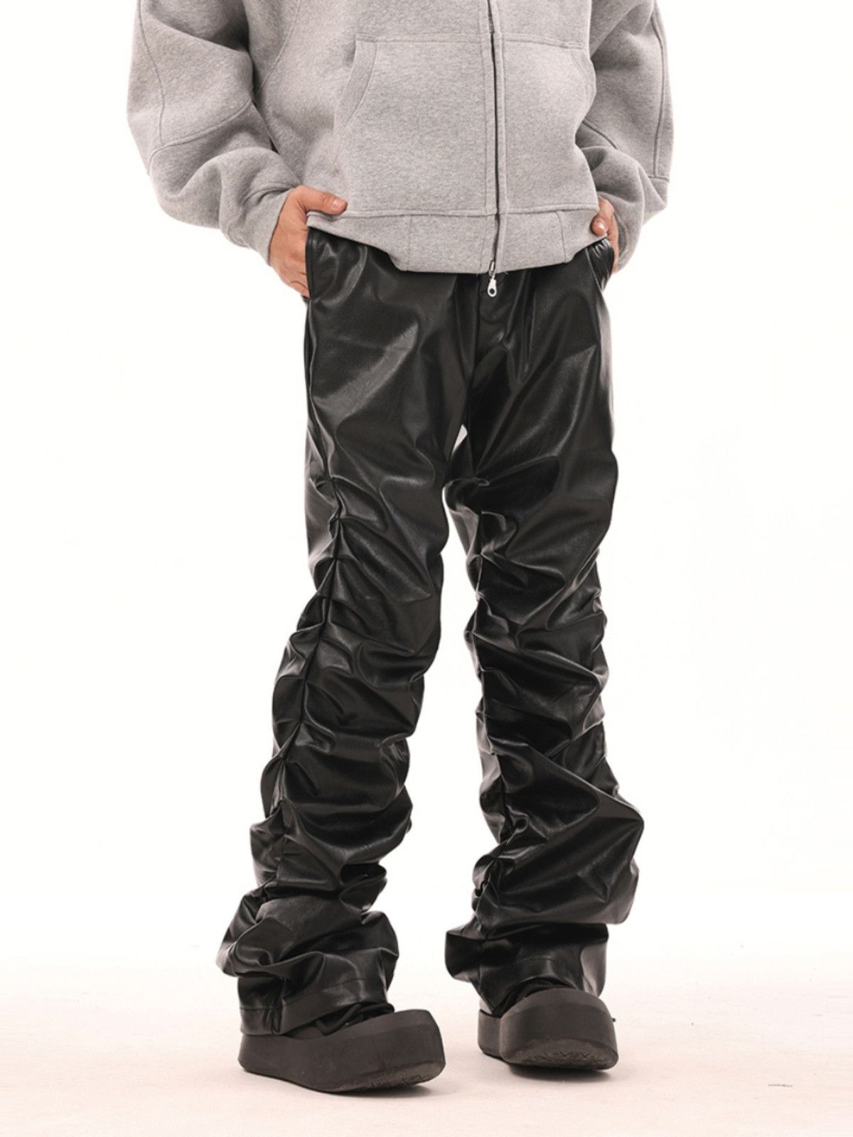 image of Pleated Stack Leather Jeans in Black, Men's (Size 32)