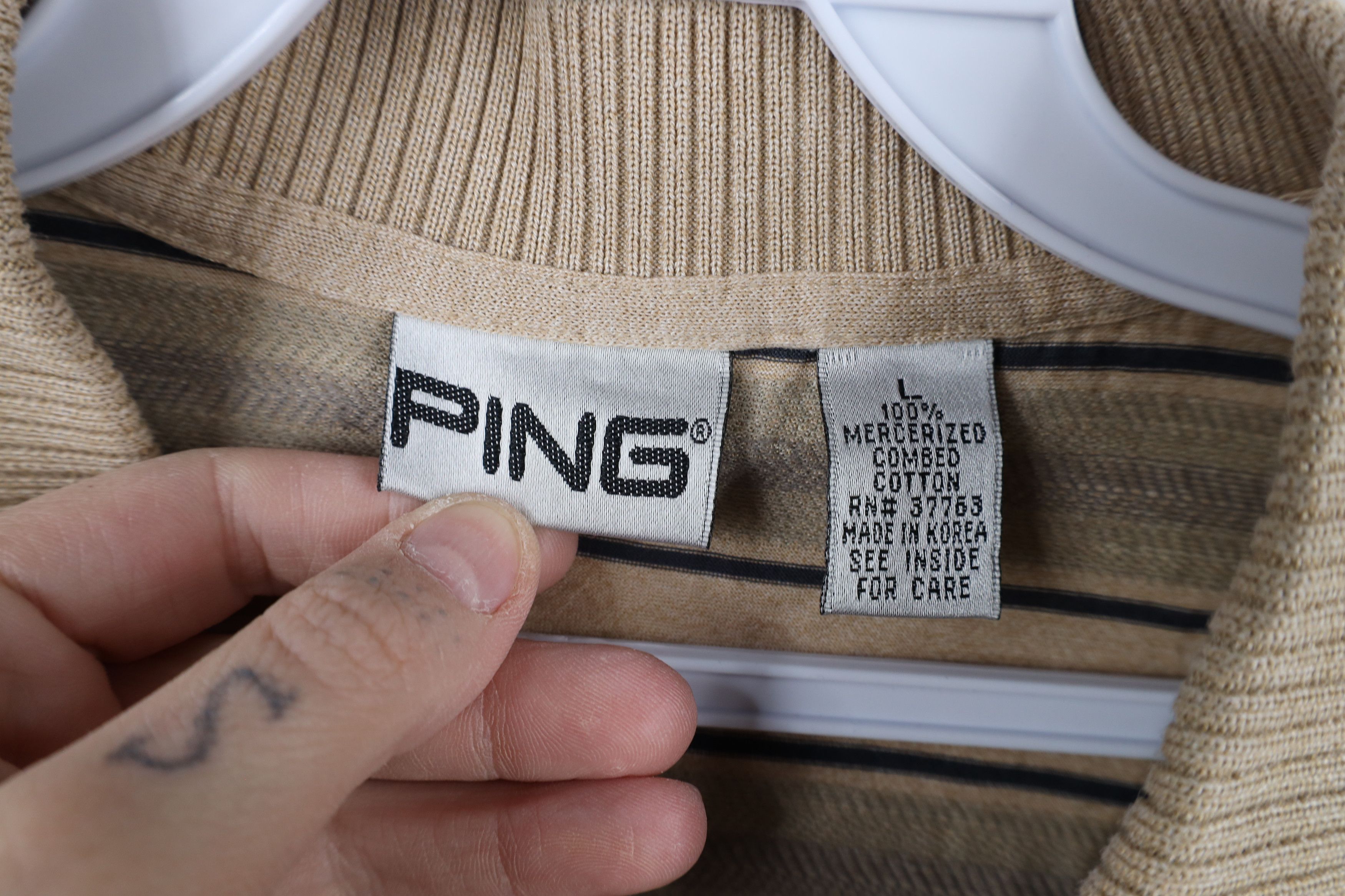 PING × Vintage Vintage 90s Ping Golf Striped Short Sleeve Polo Shirt Beige Size US L / EU 52-54 / 3 - 6 Thumbnail