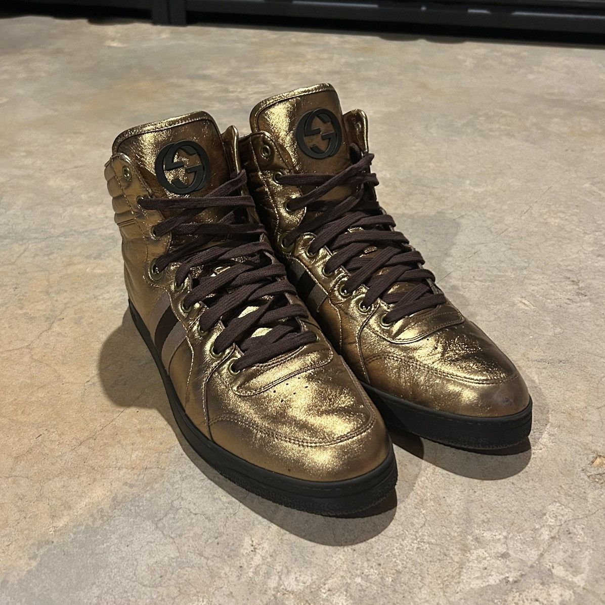 Designer × Gucci Gucci Nappa Silk Metallic Gold Web Stripe High Top Sneakers Size US 13 / EU 46 - 13 Thumbnail
